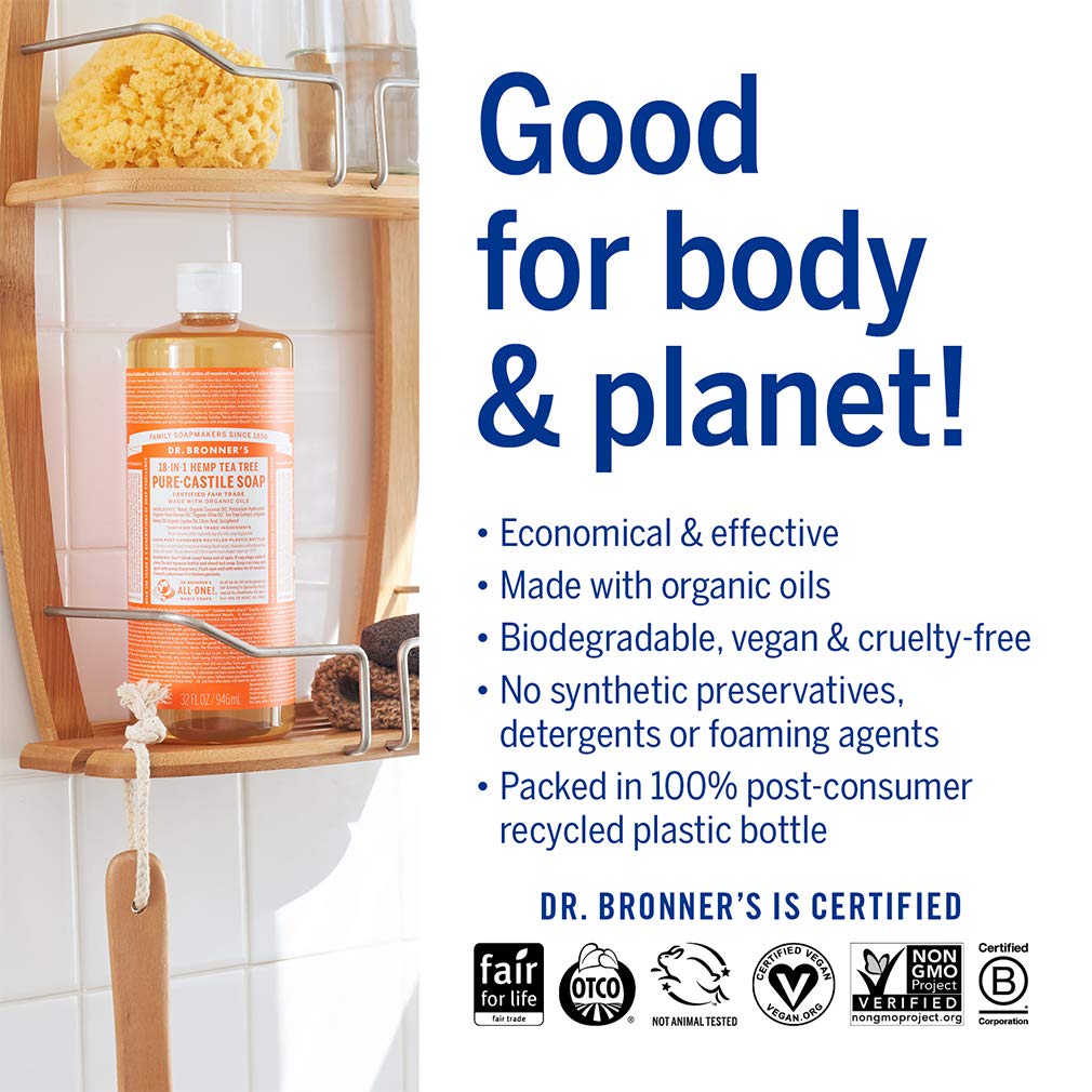 Dr. Bronner's | Jabón de castilla orgánico, para cara y cuerpo, remueve células muertas, antiséptico: reduce la producción de cebo y puntos negros con aceite esencial de Árbol de Té 3.8 L