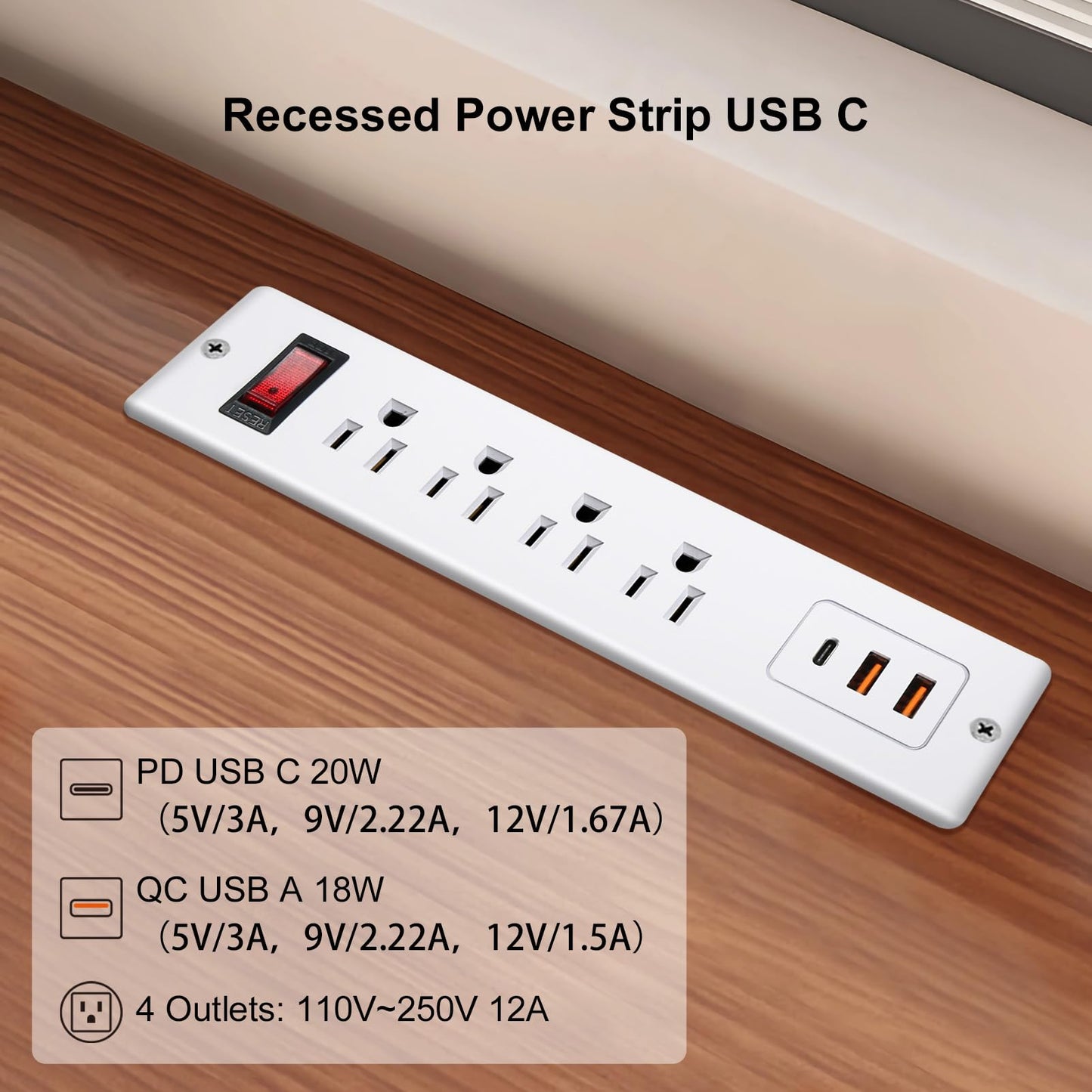 4 LEAF Regleta Multicontacto Escritorio Empotrable con USB C 20W Carga Rápida Extension Electrica para Muebles 4 Outlets 3 USB 2 Metros Plano Enchufe de Alimentación para Hogar Oficina Hotel