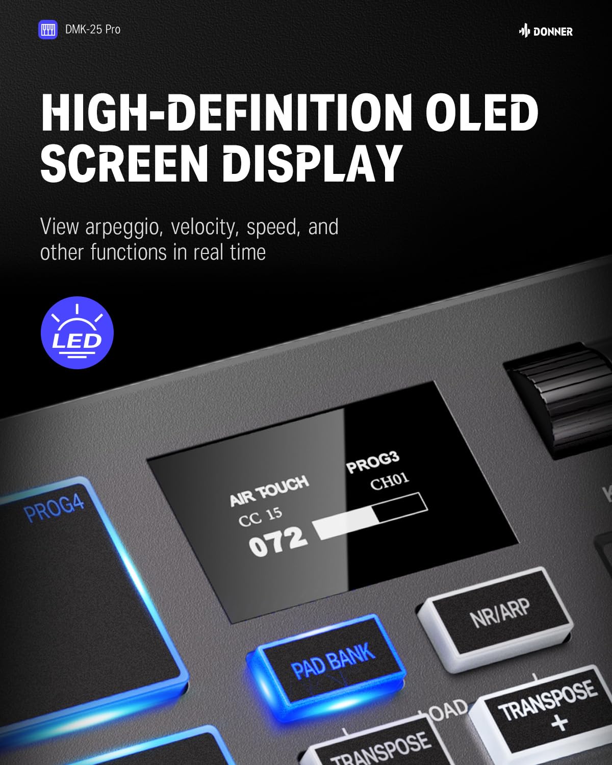 Donner driver de teclado MIDI USB-C con 25 teclas mini teclado MIDI portátil con 8 almohadillas para orejas de batería, visualización OLED, 16 escalas inteligentes, arpegio, repetición, 4 software DAW