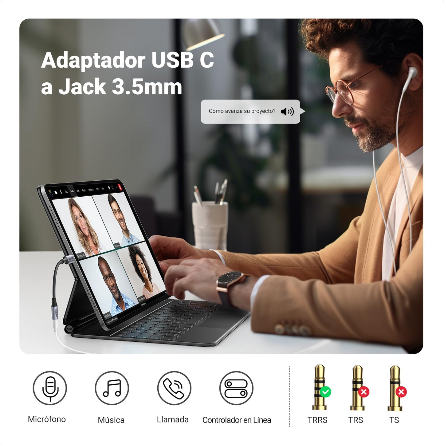 Adaptador USB C UGREEN Gris con DAC Chip HiFi para Auriculares