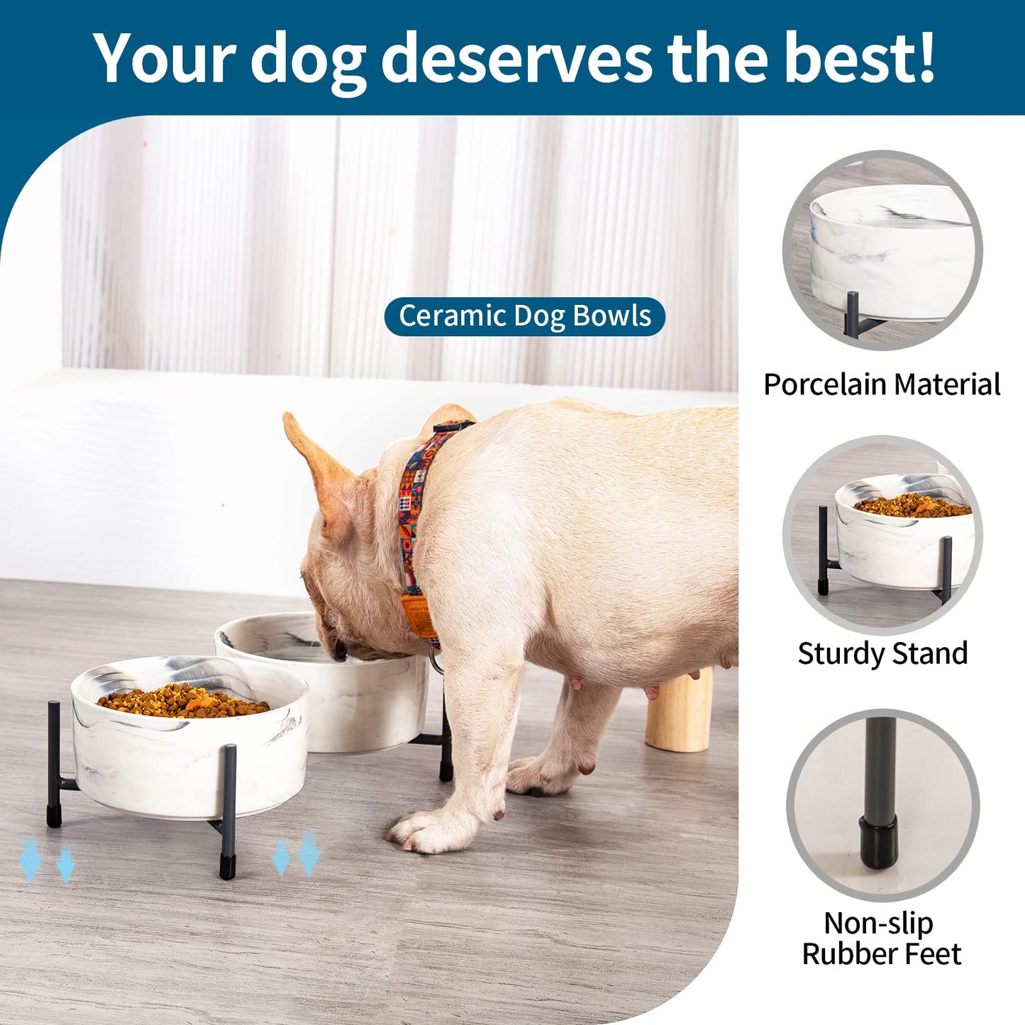 Cuencos de cerámica para perros y gatos de 32 onzas con soporte de metal elevado, juego de cuencos redondos de porcelana de 6 pulgadas, cuencos de alimentación para mascotas para gatos y perros, gris mármol, juego de 2