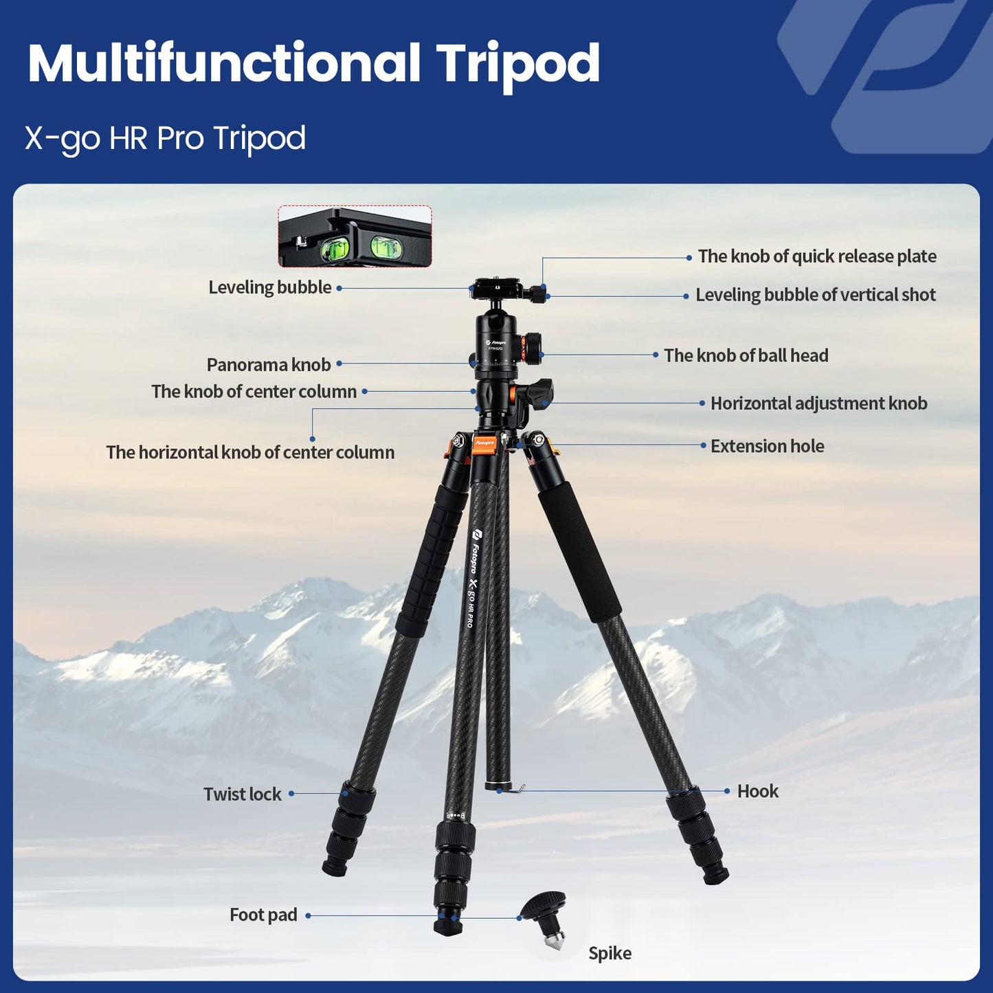 Fotopro - Trípode Horizontal de Fibra de Carbono, trípode de cámara de 75 Pulgadas con Cabezal de Bola de 360 Grados, Placa de liberación rápida para videocámara DSLR, trípode 2 en 1, Carga máxima de