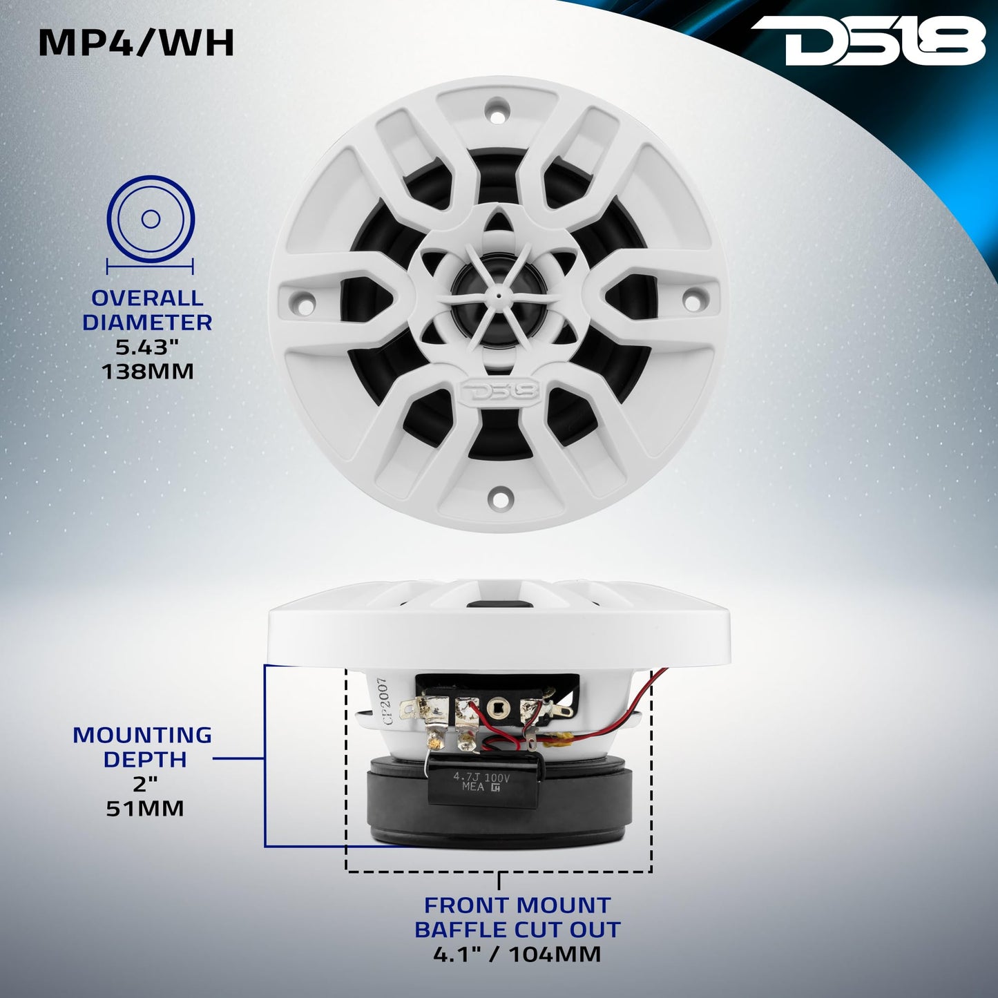 DS18 MP4/WH - Altavoz Marino Blanco - 4 Pulgadas, 2 vías, 150 W máximo, 100% Estable a los Rayos UV, IPX5 Marino, 4 ohmios - para Todos los Elementos, UTV, ATV y Jeep (2 Altavoces)