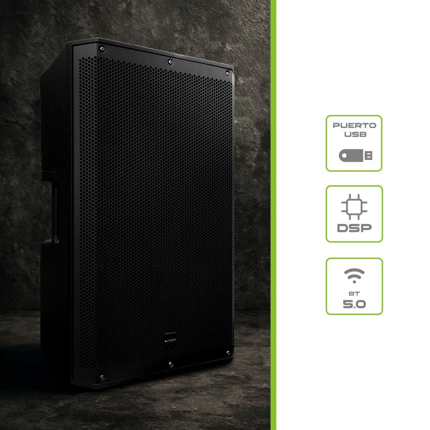 ALIENPRO Omega Advanced Bocina Activa Profesional 700W RMS 15” con DSP Digital, Bluetooth 5.0 TWS, USB, Entradas AUX/RCA/XLR y Salida XLR, Bafle Amplificado para DJ y Eventos