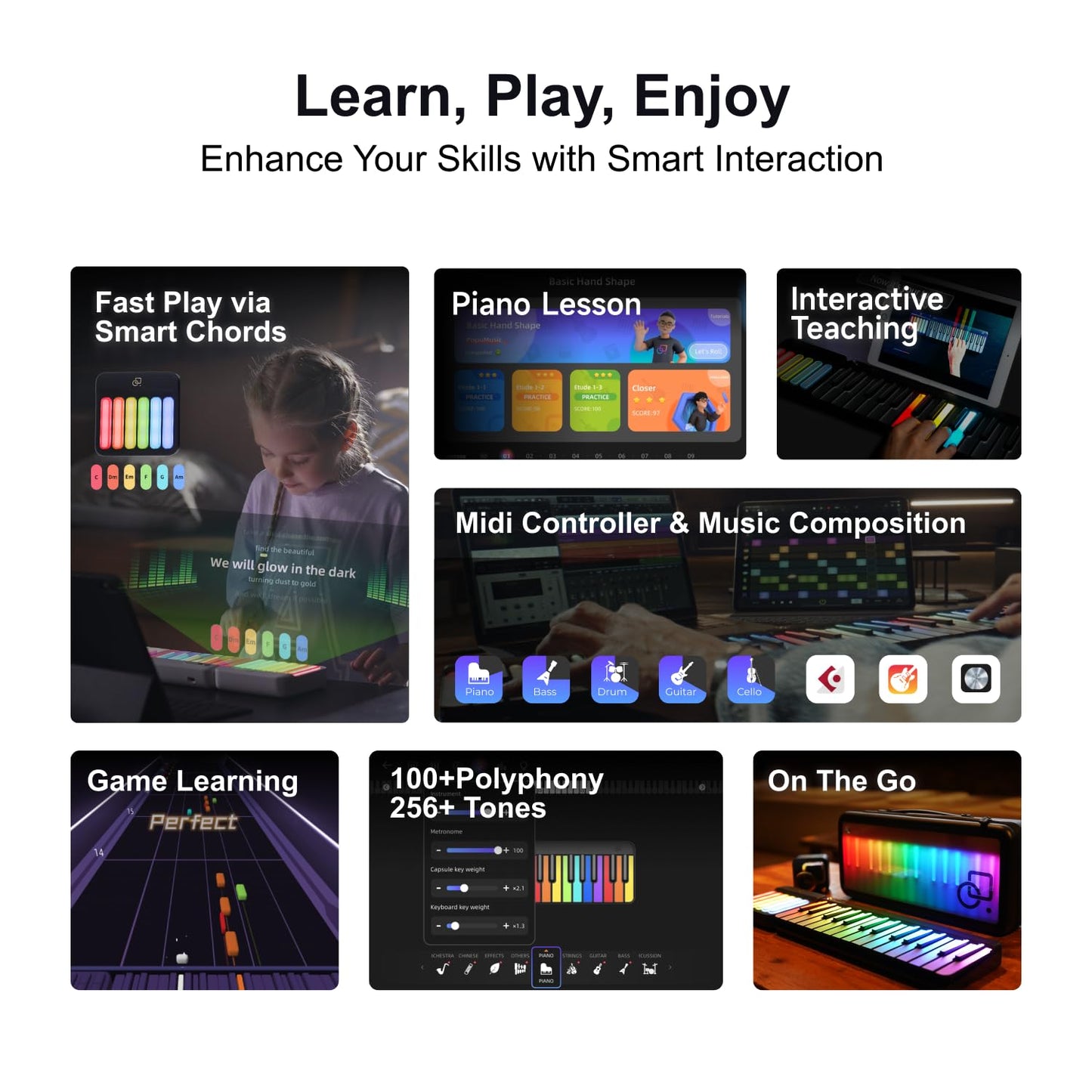 Teclado Digital Inteligente POPUPIANO Negro con Teclas Iluminadas y Driver MIDI, para Aprendizaje y Composición