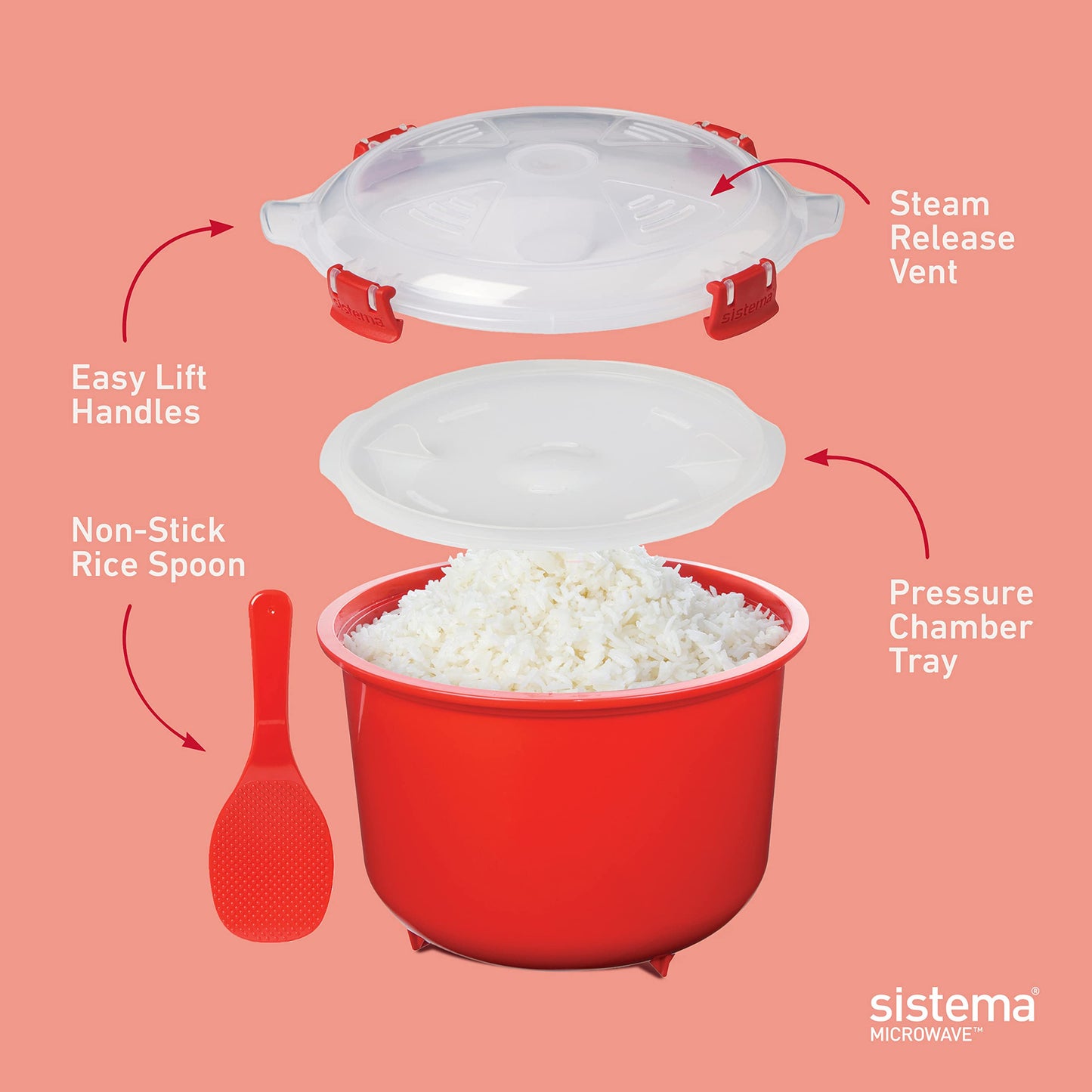 Sistema Arrocera y Vaporizador para Verduras Rojo con Ventilación de Liberación de Vapor apto para Lavaplatos