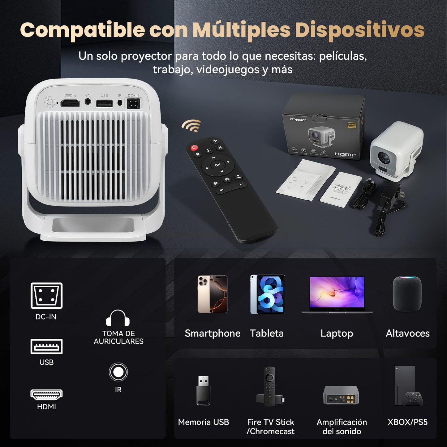 VUEKIME M3 Pro Proyector 4K Portátil, Nativo 1080P(Soporte 4K), 300 Pulgada