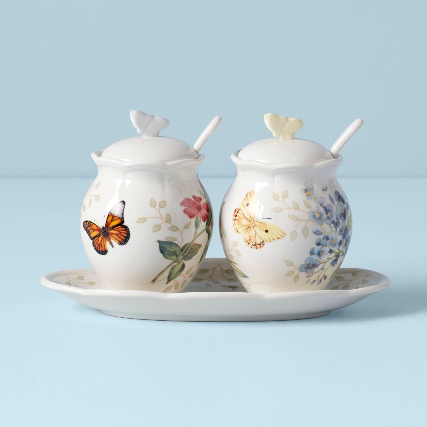 Lenox Salero y pimentero de porcelana fina, diseño floral y mariposa, Set de condimentos, 7 piezas, Blanco, 1