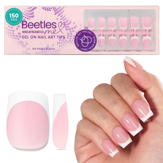 Español:Uñas francesas con punta a presión Beetles: 150 piezas de uñas cuadradas cortas rosas a presión 4 en 1, uñas de gel con punta de gel, imprimación y capa base preaplicadas, no necesita lima, manicura casera para extensiones de uñas y regalos de Año