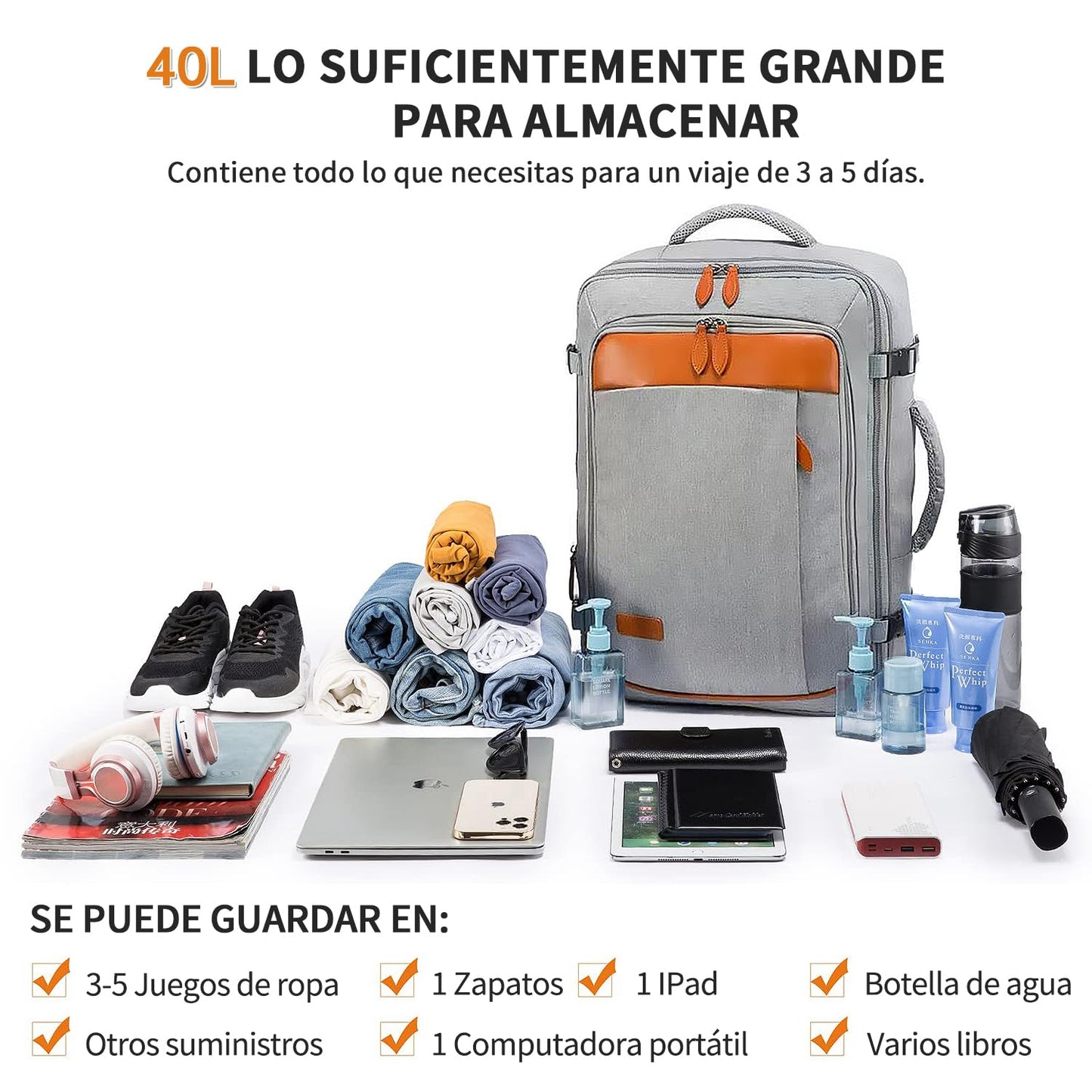 Juego de mochila de viaje de 5 piezas, mochila de equipaje certificada por vuelo extra grande 40 L, maleta expandible con 4 bolsas de almacenamiento, mochila de negocios impermeable, unisex (Gris)
