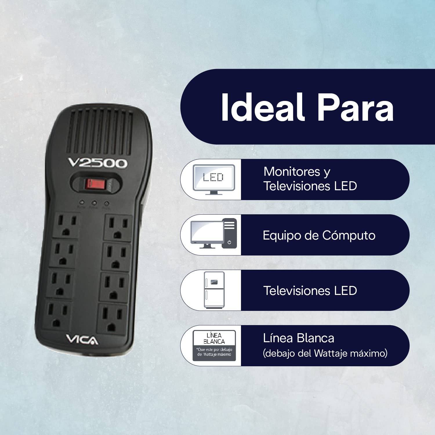 Regulador Electrónico de Voltaje VICA V2500 Negro con Supresor de Picos y Puertos RJ11 RJ45 2500 VA 1500 W