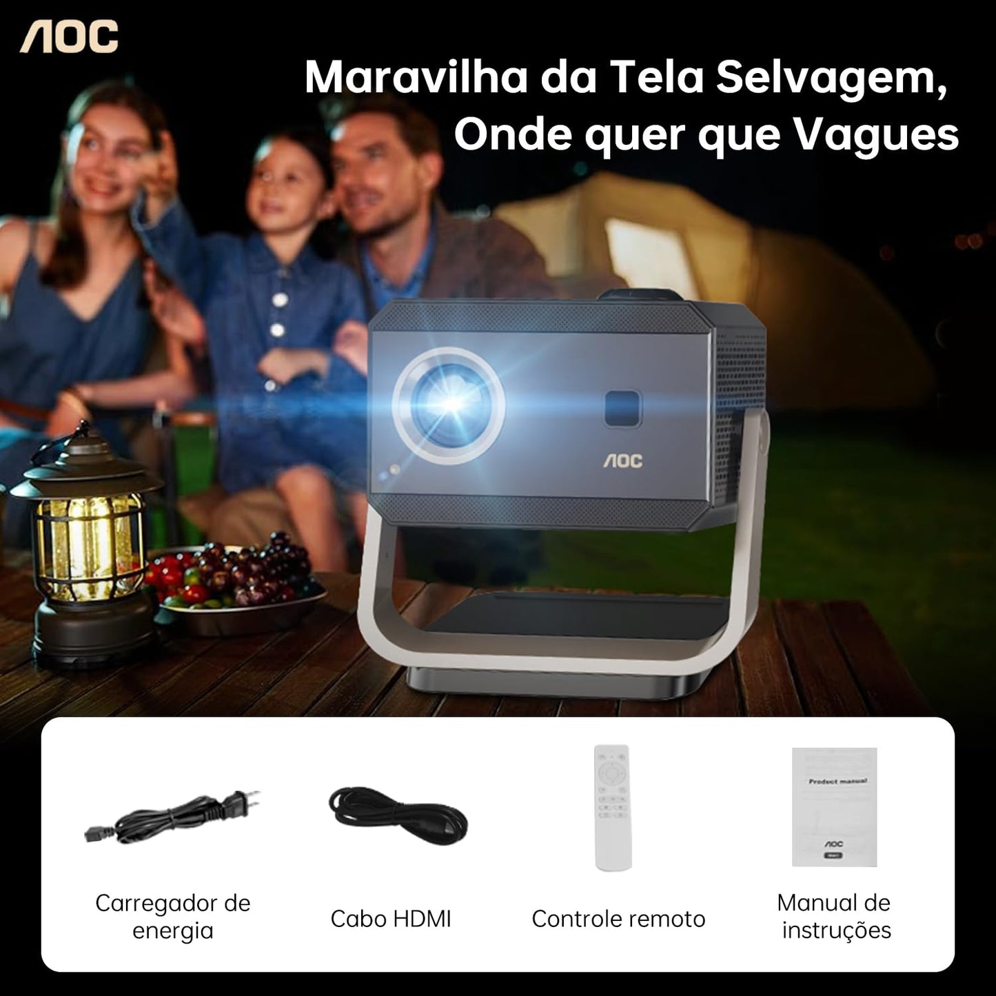 AOC Proyector 4K portátil Full HD, Enfoque automático/correção Keystone/ângulo ajustável, com WiFi6 e Bluetooth, 15000 lúmens, compatível com IOS/Android/PC/PS4/PS5 para trabalho e jogos