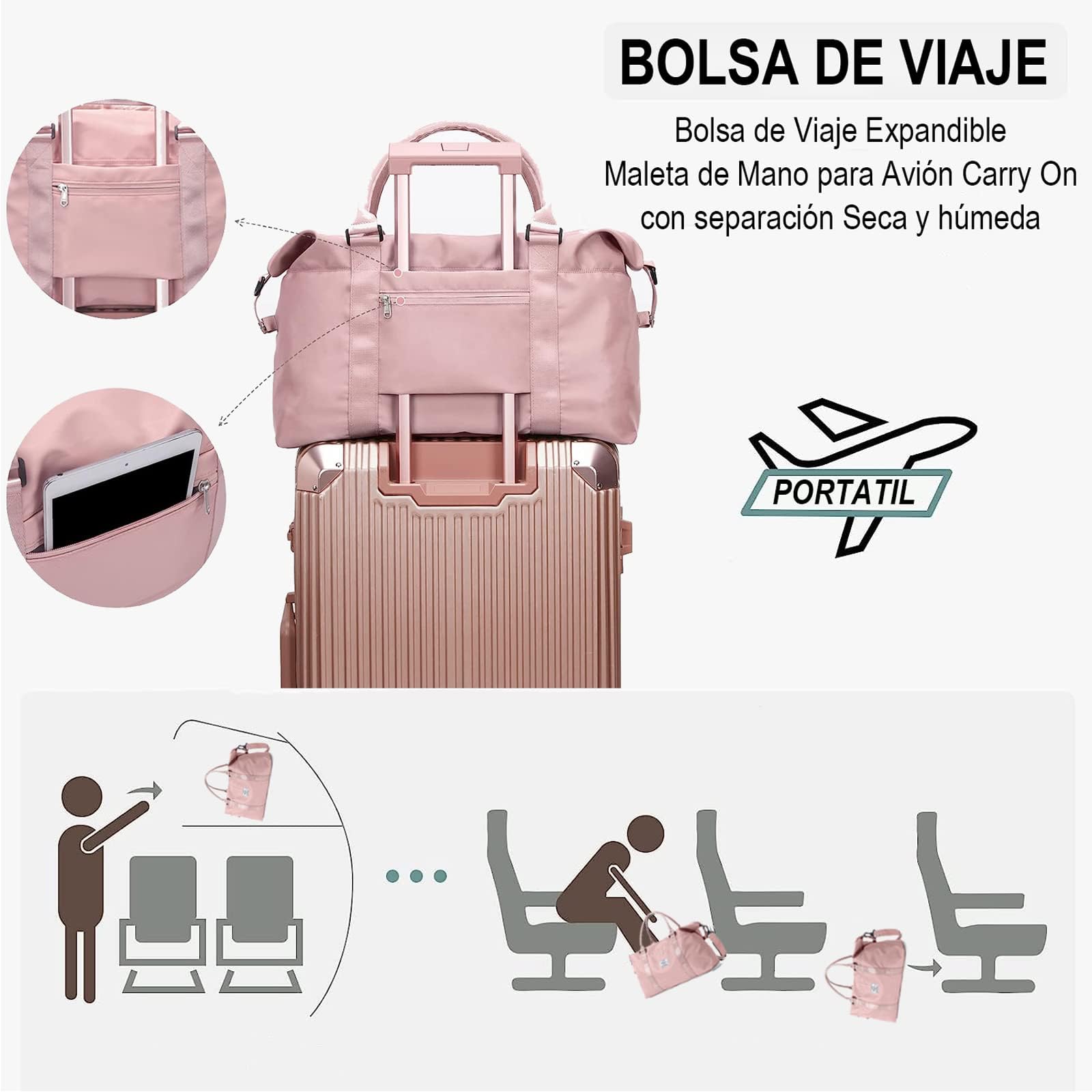 Bolsa de Viaje ZIRONG Rosa con Separación Húmedo y Seco para Mujer Hombre