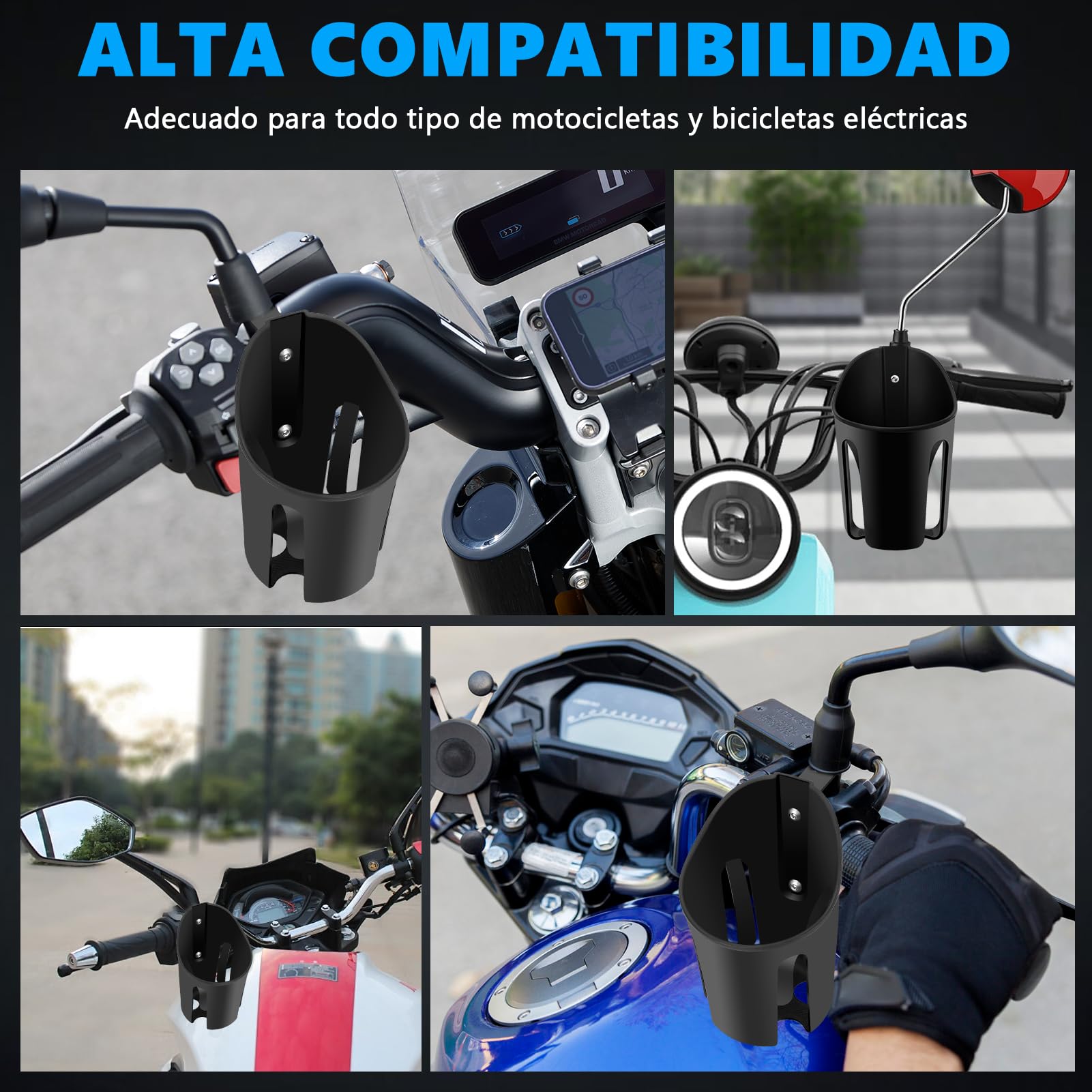Porta Vasos Universal WODHMIEY Negro con Montaje en Espejo Retrovisor y Rotación 360 Grados para Moto