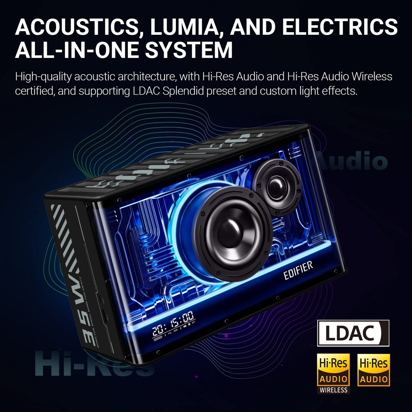 Edifier QD35 - Altavoz Bluetooth de Mesa, Audio de Alta resolución y Audio de Alta resolución inalámbrico Certificado para computadora, Carga ultrarrápida GAN de 35 W, Efectos de luz espléndidos
