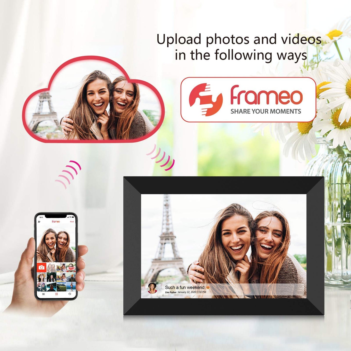 FRAMEO - Marco de fotos digital WiFi inteligente de 32 GB de 10.1 pulgadas, visualización táctil LCD IPS de 1280 x 800 pulgadas, rotación automática de retrato y paisaje, memoria integrada de 32 GB,