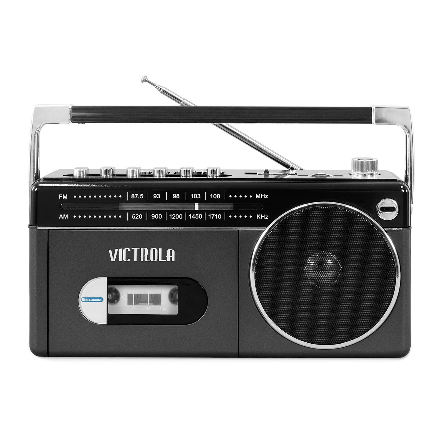 Mini Boombox Bluetooth Victrola Gris con Radio Am/Fm y Reproductor de Casetes