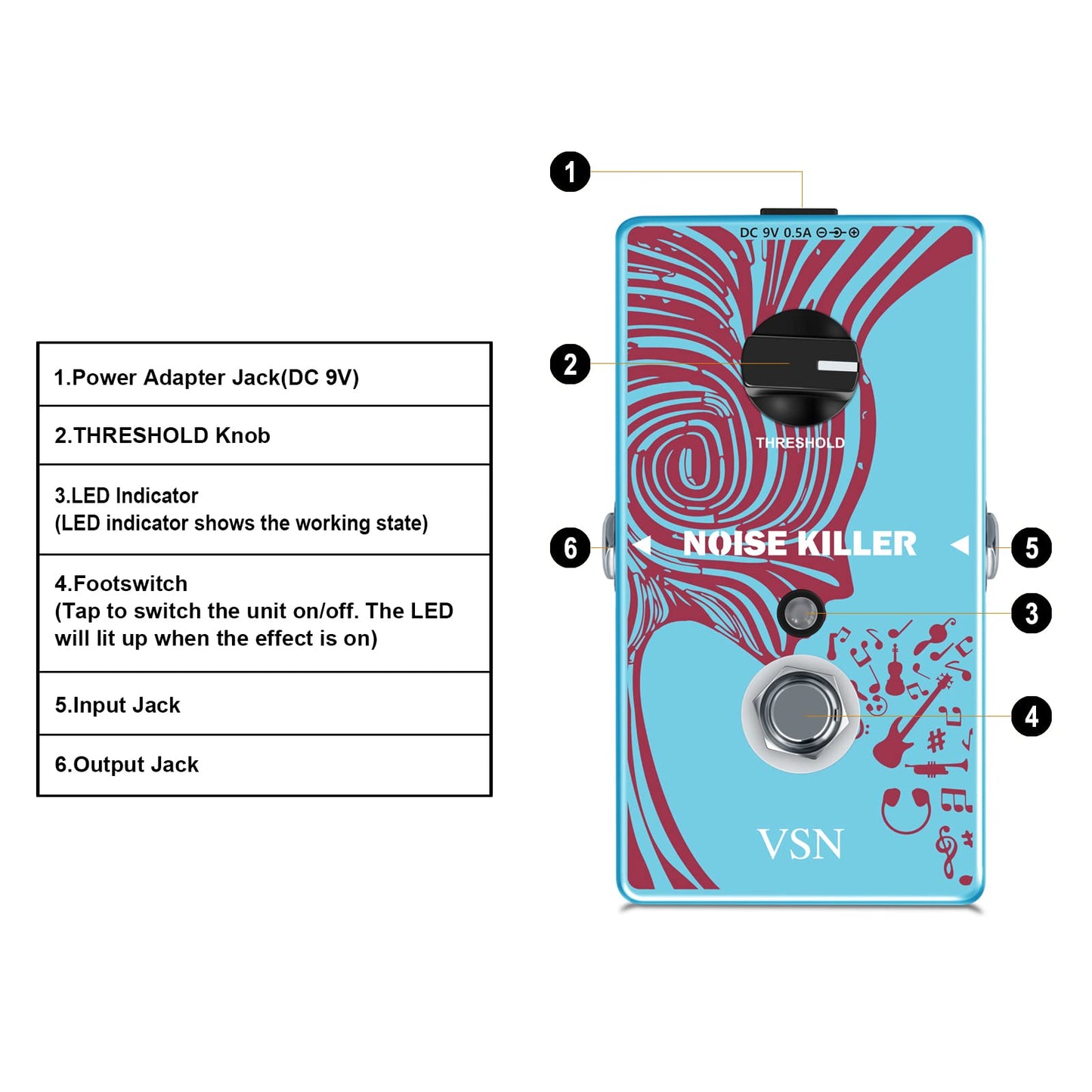 VSN Noise Gate Pedal, Noise Killer Guitar Pedal Noise Suppressor Effect for Electric Guitar and Bass True Bypass