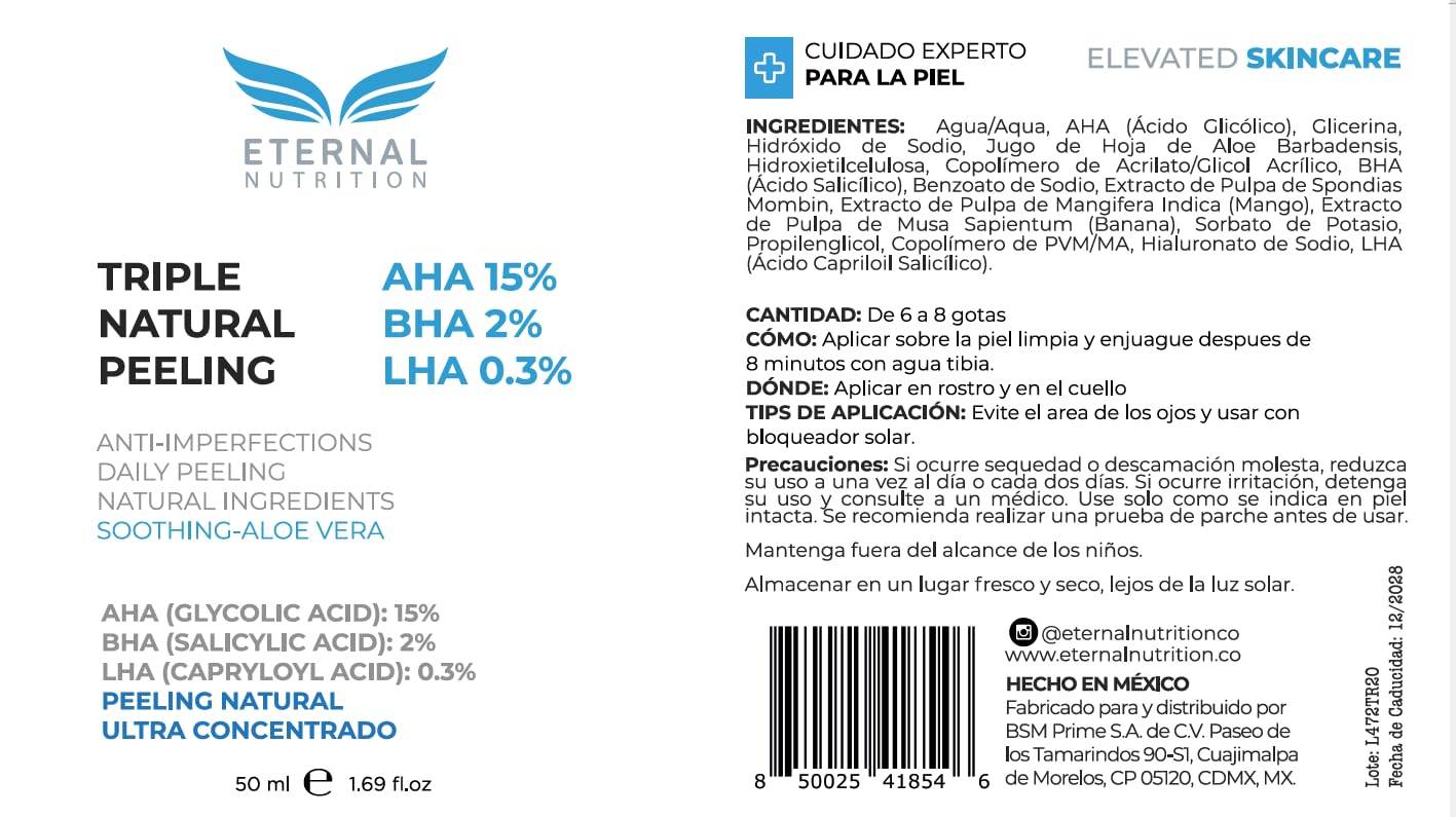 Serum TRIPLE NATURAL PEELING AHA 15%, BHA 2%, LHA 0.3%. 50 ml. Suero Peeling natural concentrado | Ingredientes Naturales | Skin Care | Piel Sana y Joven Uniforme | Textura Ligera | Para Todo Tipo de Piel by ETERNAL NUTRITION