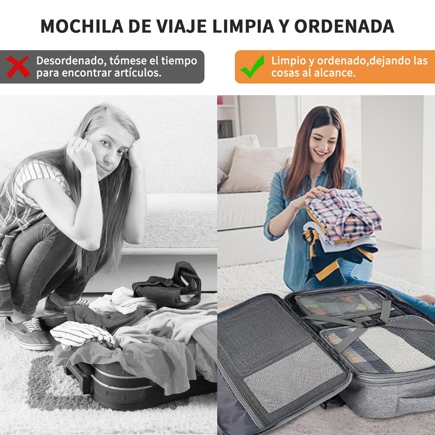 Juego de mochila de viaje de 5 piezas, mochila de equipaje certificada por vuelo extra grande 40 L, maleta expandible con 4 bolsas de almacenamiento, mochila de negocios impermeable, unisex (Gris)