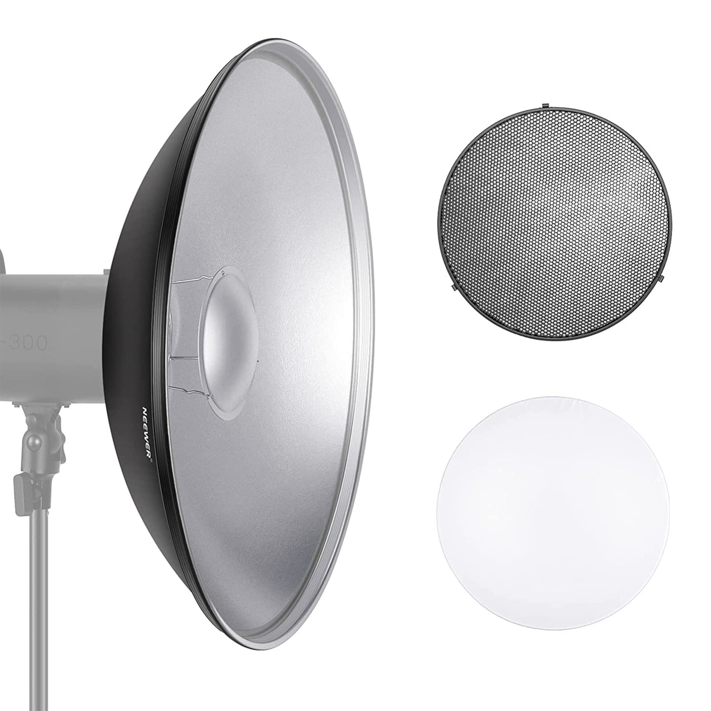 NEEWER 21.6"/55cm Metal Beauty Dish Bowens Mount Reflector Kit con Blanco Difusor Sock, Honeycomb Grid para Strobe Flash Video Luz Compatible con Godox AD600 NEEWER CB60 Q4 Vision 4 S101 Series, LD55
