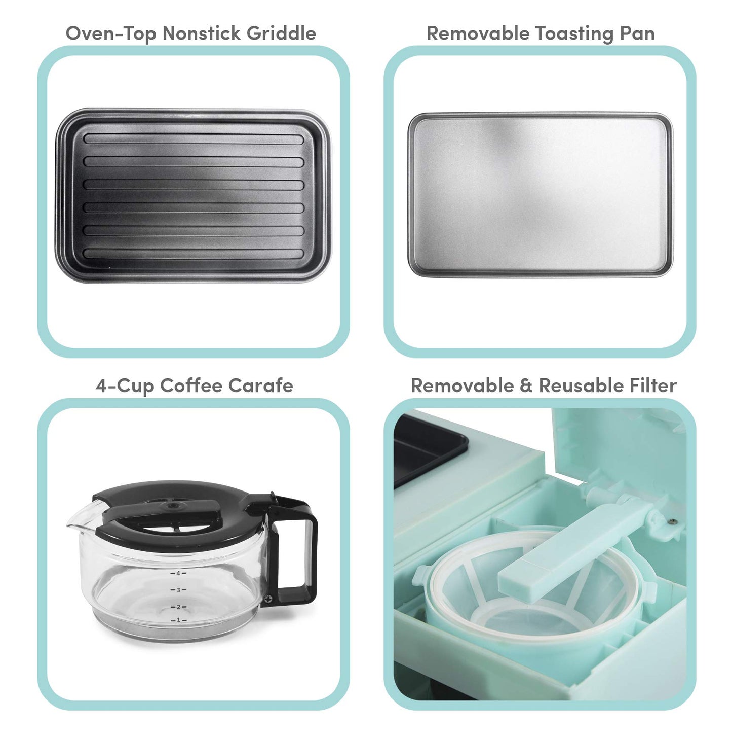 Elite Gourmet EBK8810BL# Americana 2 Slice, 9.5" Griddle with Glass Lid 3-in-1 Breakfast Center Station, 4-Cup Coffeemaker, Toaster Oven with 15-Min Timer, Heat Selector Mode, Blue