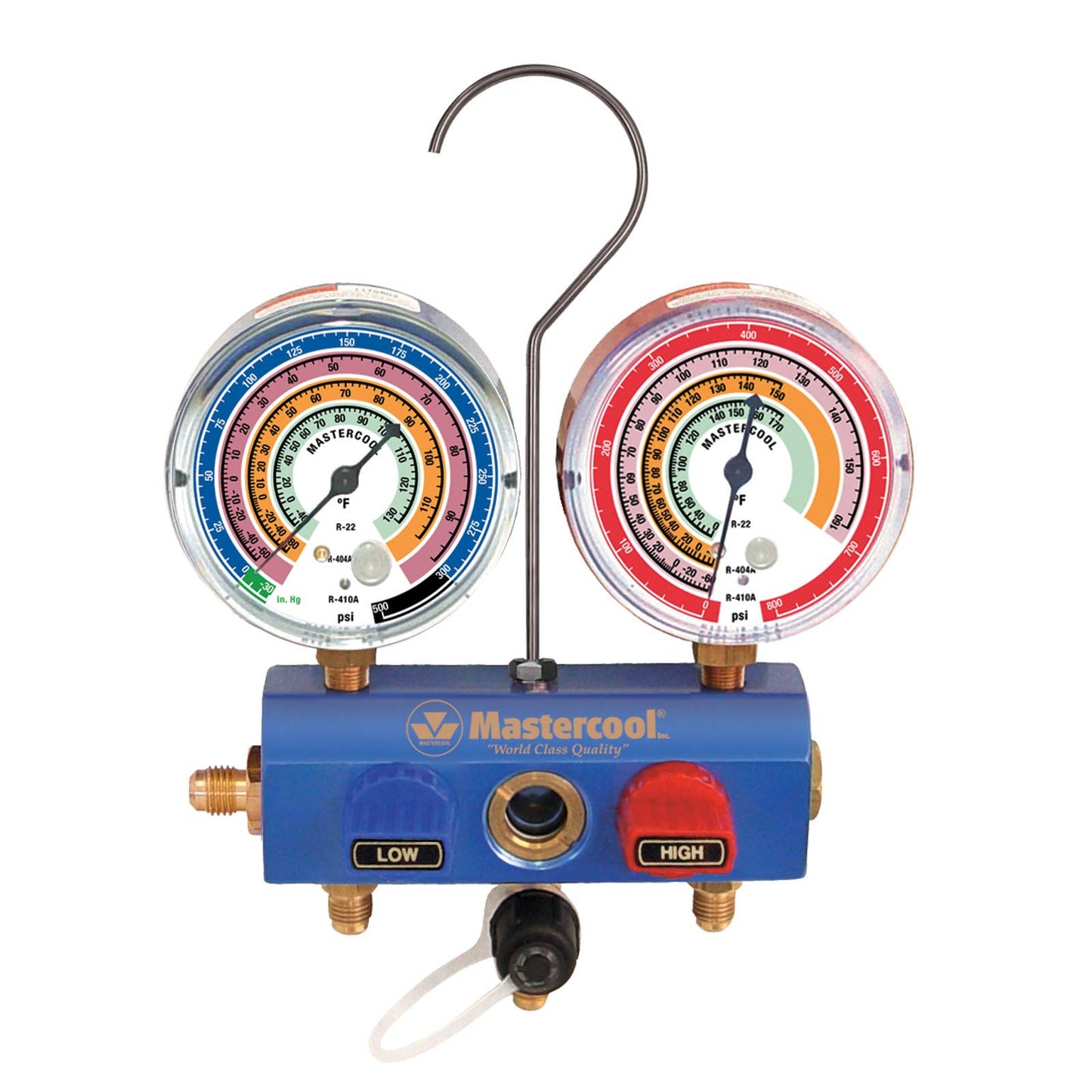 Juego de Colectores de 2 Vías Mastercool R410A R22 R404A con Calibradores de 3-1/8 Pulgadas y Mangueras de 60 Pulgadas