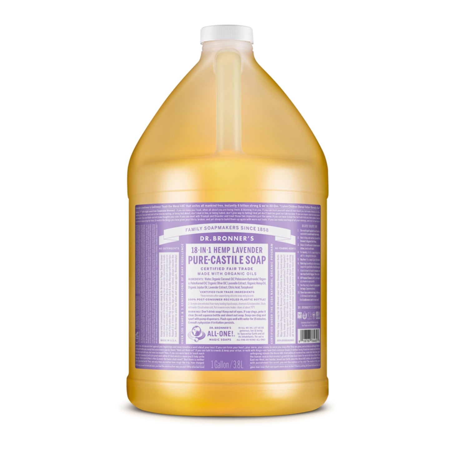 Dr. Bronner's | Jabón de castilla orgánico multiusos, ideal para todo el cuerpo, 100% biodegradable con aceite esencial relajante de Lavanda 3.8 L