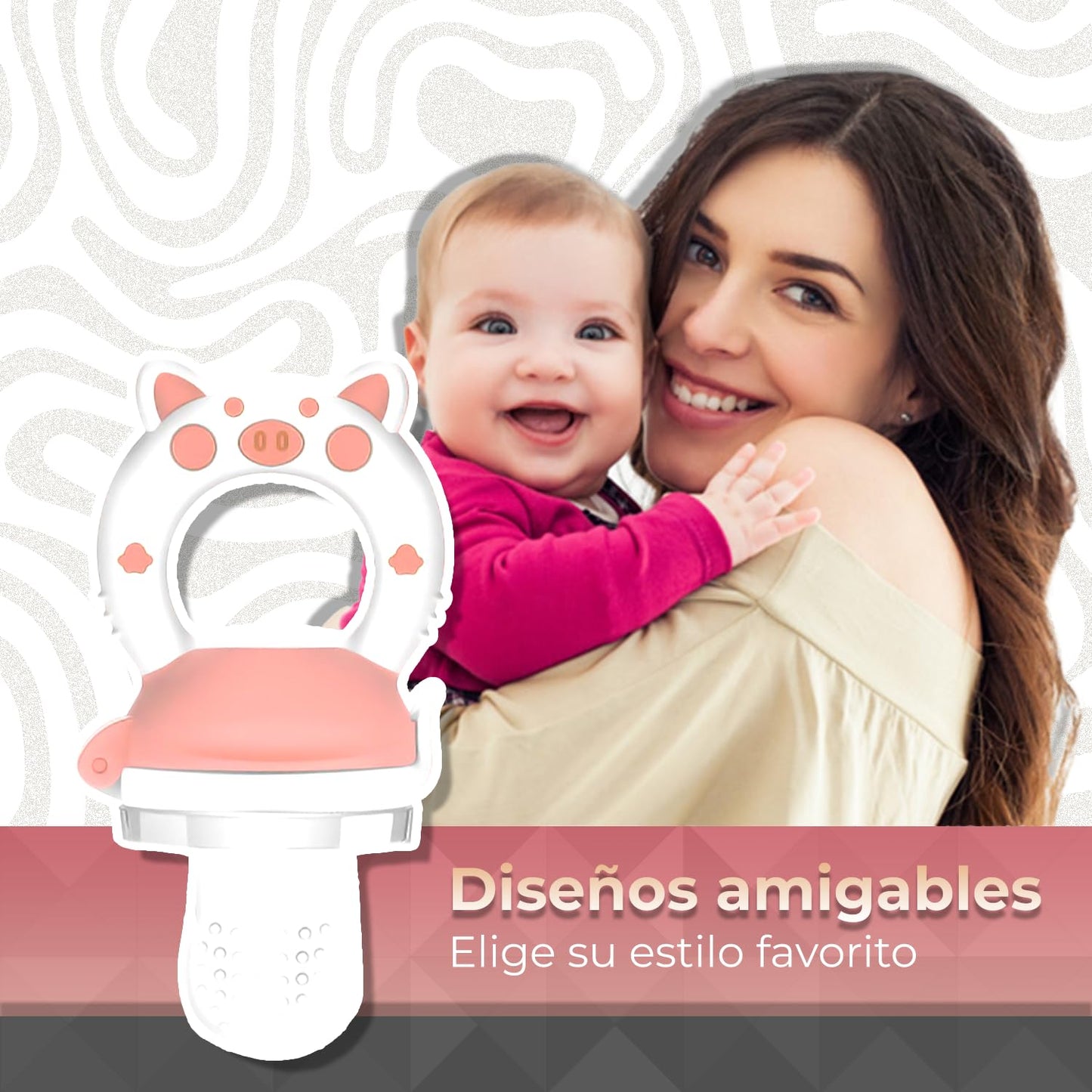 Chupón Para Fruta Y Papilla Sweet Baby Rosa Blanco con Seguro y Tapa dibujos animados, Libre de BPA