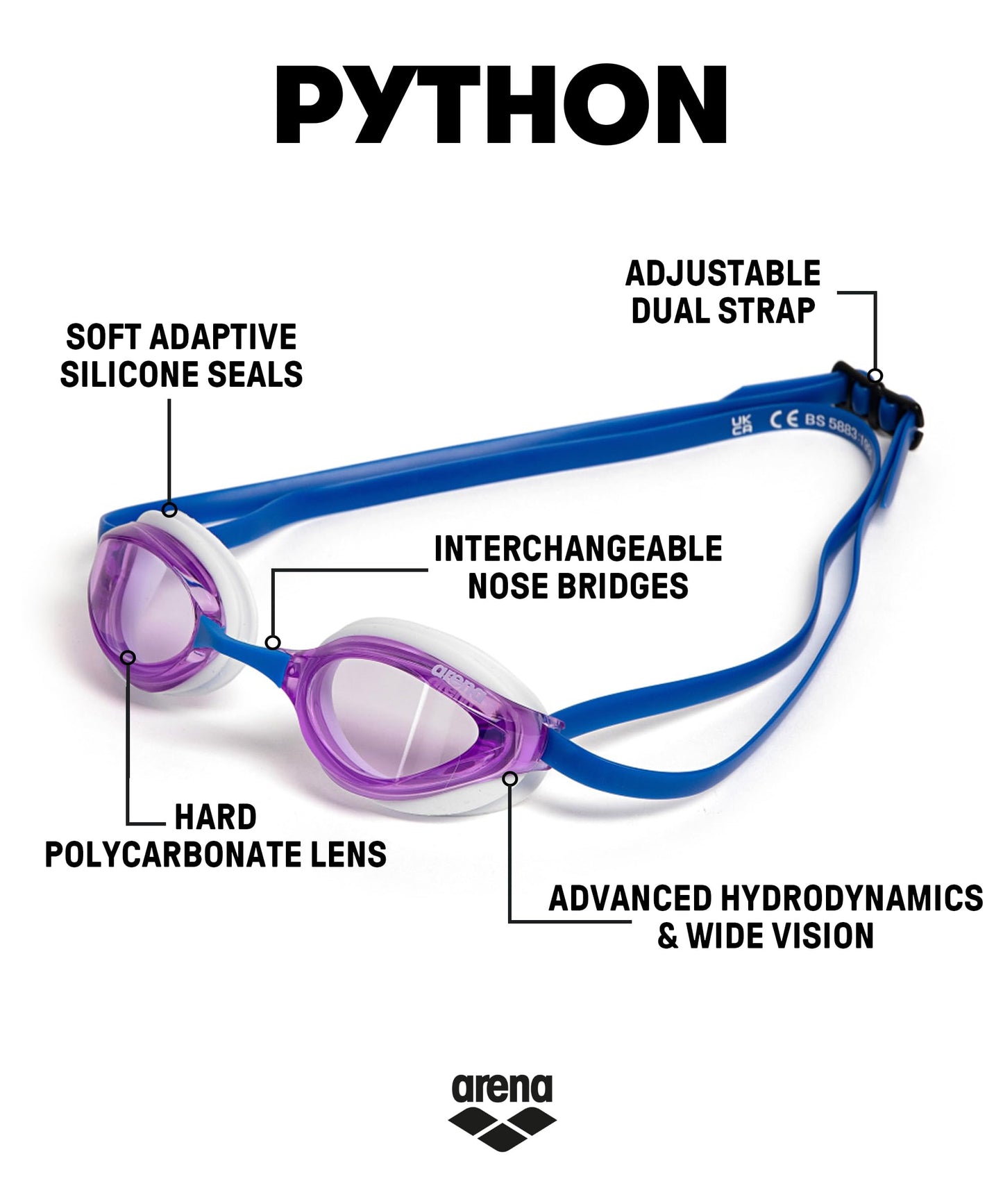 ARENA - anteojos de natación unisex de Python Racing para hombres y mujeres, lentes antivaho, sin espejo, correa doble, violeta/blanco/azul