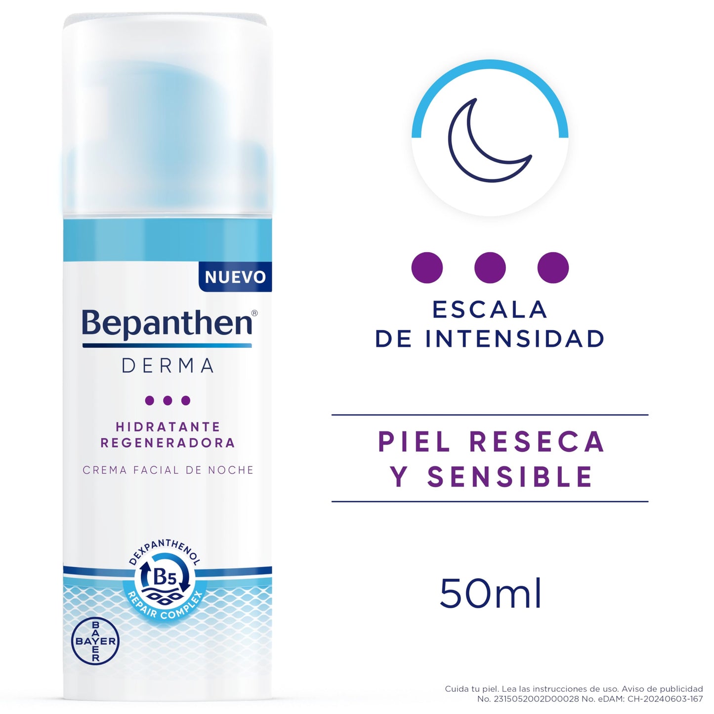 Bepanthen Derma Crema Hidratante Facial Noche, Bepanthen Regeneradora, Crema Facial para Piel Seca y Sensible, 50ml
