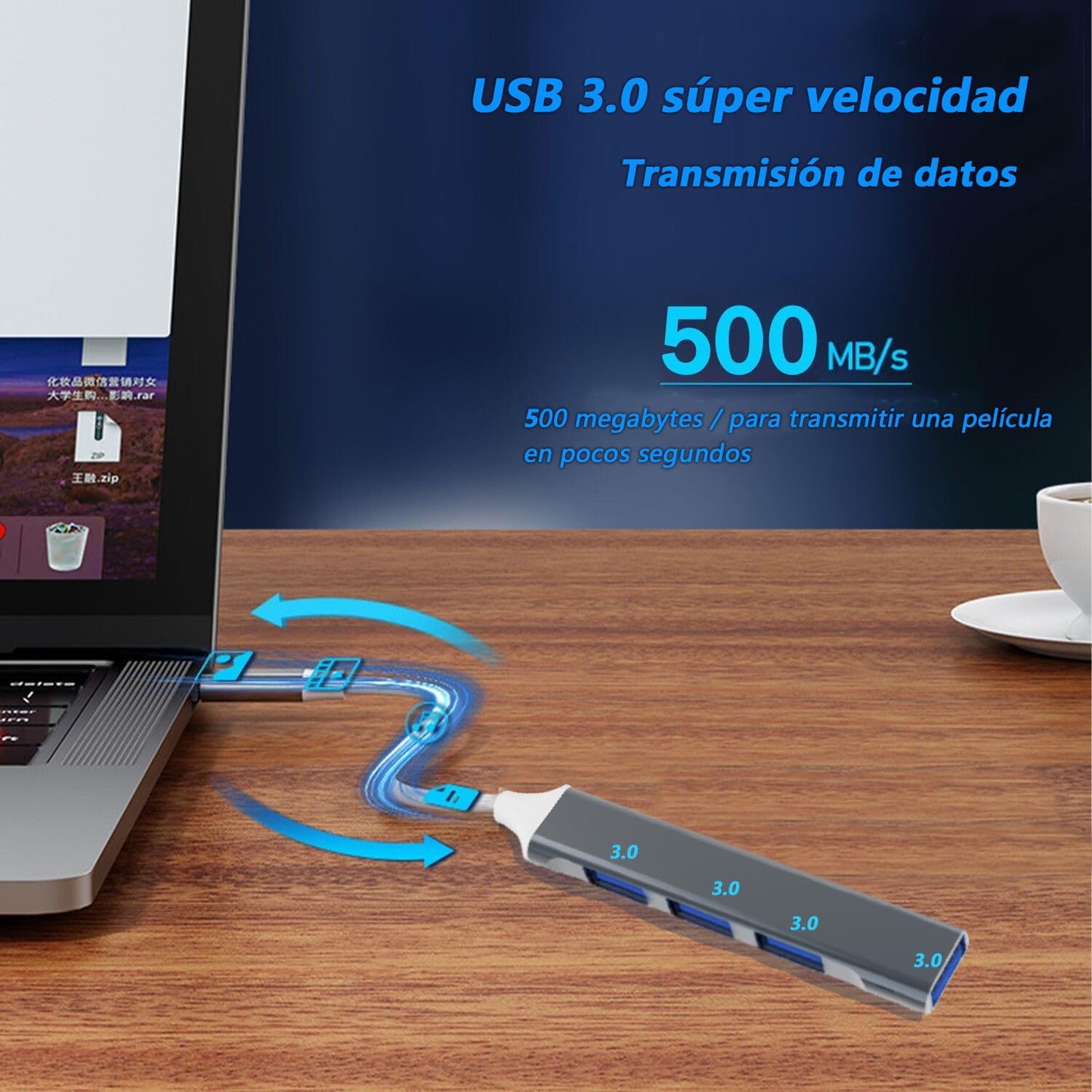 Adaptador USB C 4 en 2 Podero Ultradelgado con Hub USB 3.0 de 4 Puertos en USB A