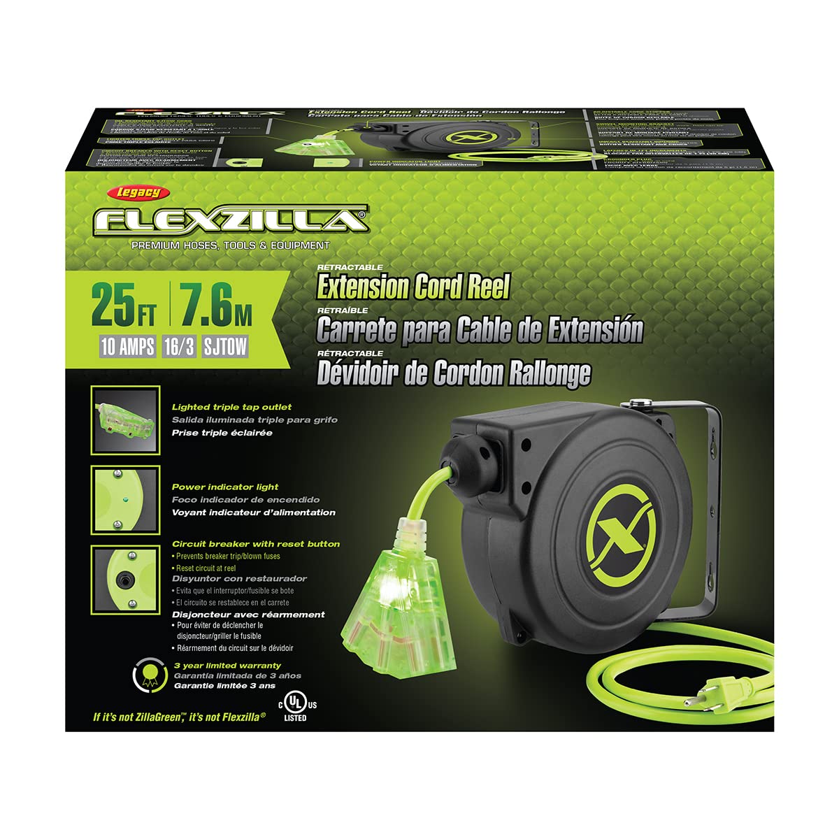 Flexzilla Extensión retráctil 16/3 AWG 25' Carrete de Cable eléctrico, ZillaGreen, FZ8160253