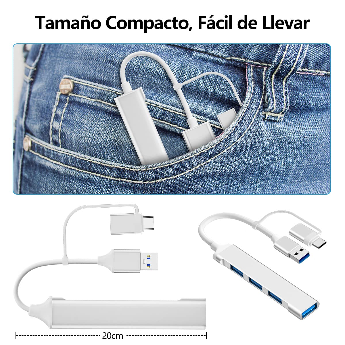 Adaptador USB C EMAGIE Plata 6 en 1 con 4 Puertos USB 3.0 para Windows y MacOS