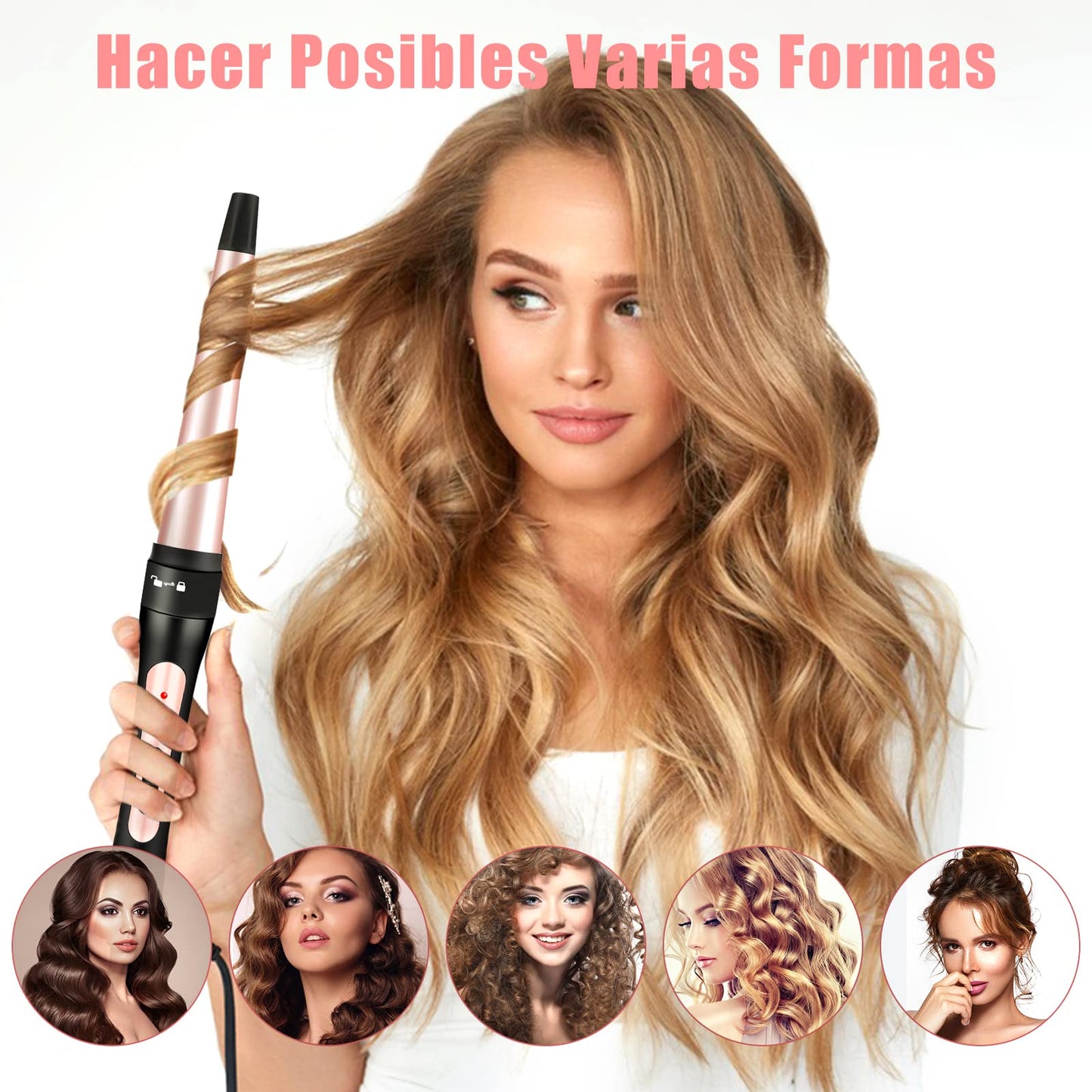 Juego Rizador de Pelo 5 en 1, Rizadora de Pelo Profesional, Intercambiable con Revestimiento de Cerámica, Calentamiento Rápido y Temperatura Ajustable, Ondulado para Rizos Grandes, Medianos o Pequeños, para Todo Tipo de Pelo