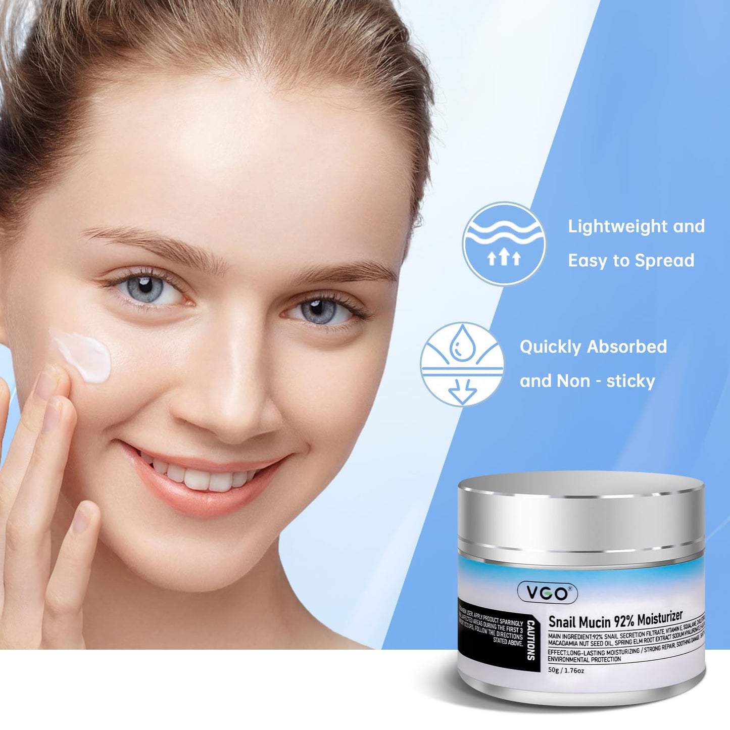 VGO-Crema hidratante facial de uso diario con mucina de caracol al 92% en gel reparador e hidratante para pieles secas y sensibles, todo tipo de pieles, 50 g/1,76 oz