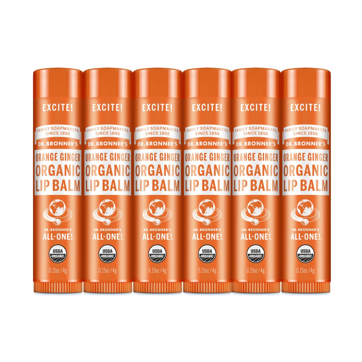 Dr. Bronner's Bálsamo labial orgánico hidratante y restaurador, naranja jengibre (6 Pack)