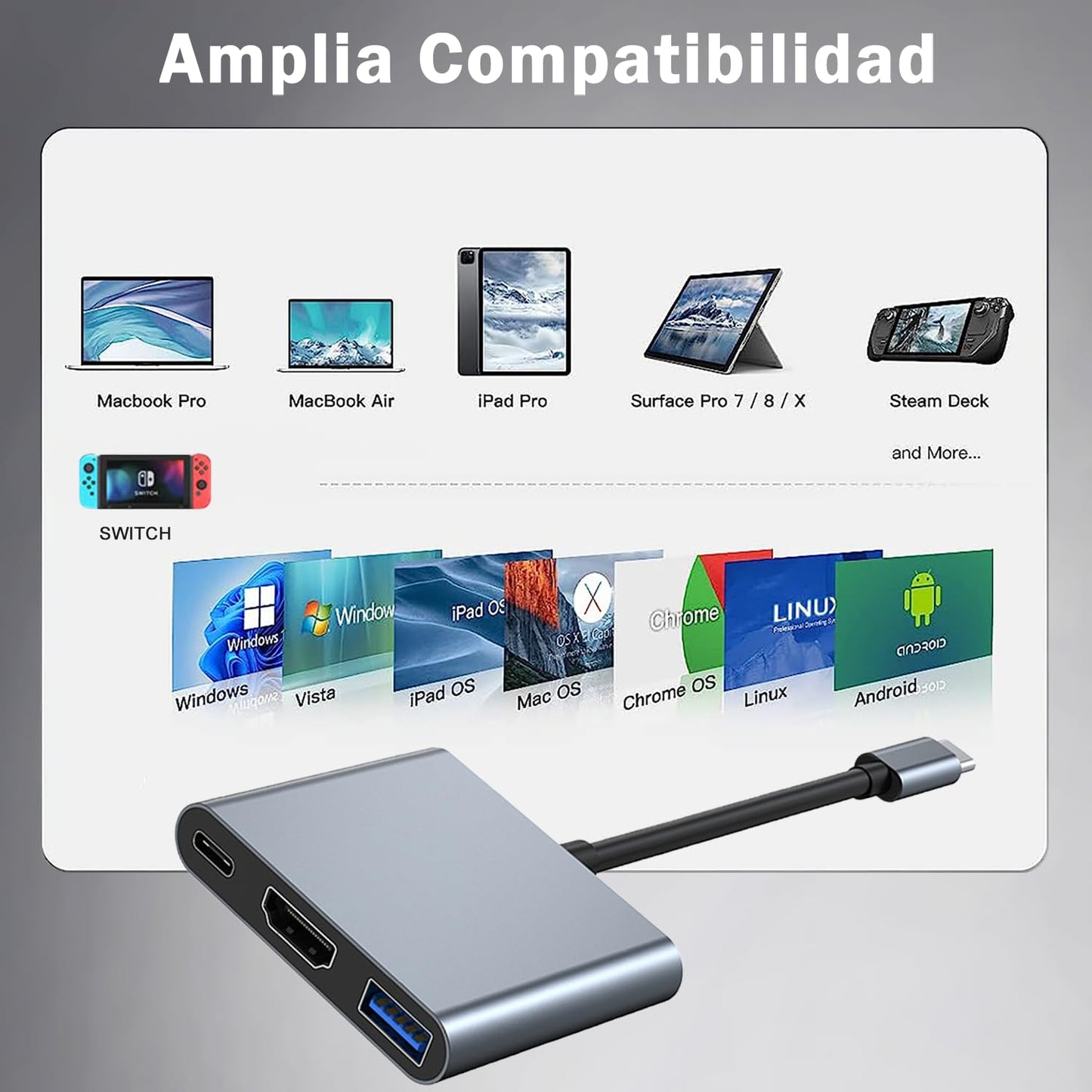 Adaptador USB C a HDMI 3 en 1 para MacBook Air Plata Compatible con Dispositivos Tipo C