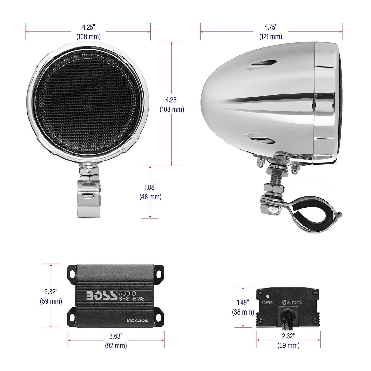 Boss Audio MC420B Bluetooth Enabled Motorcycle/UTV Speaker and Amplifier System, 3" Waterproof