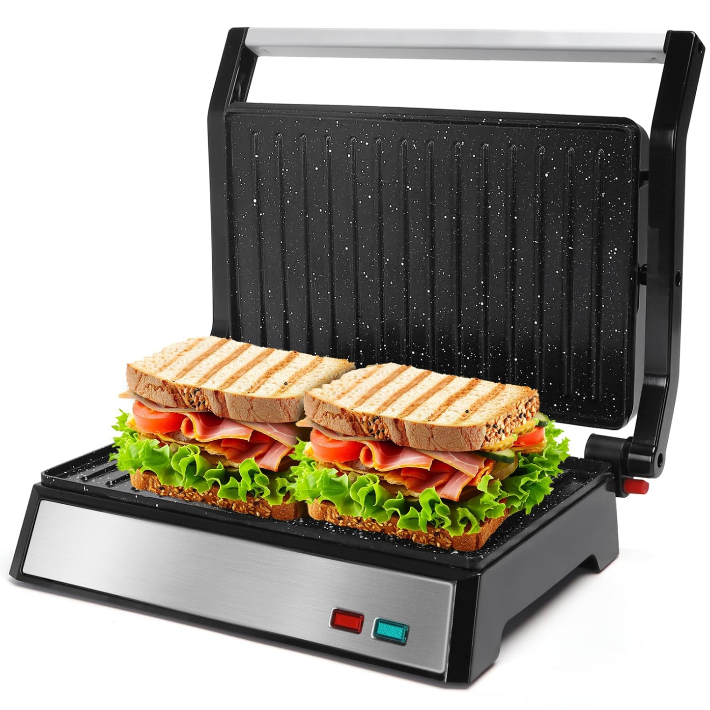 Aigostar Prensa Panini, 1200 W, Parrilla Eléctrica Interior, Placas de Cerámica Antiadherentes, Abre 180° para Adaptarse a Cualquier Tamaño de Alimentos, Negro