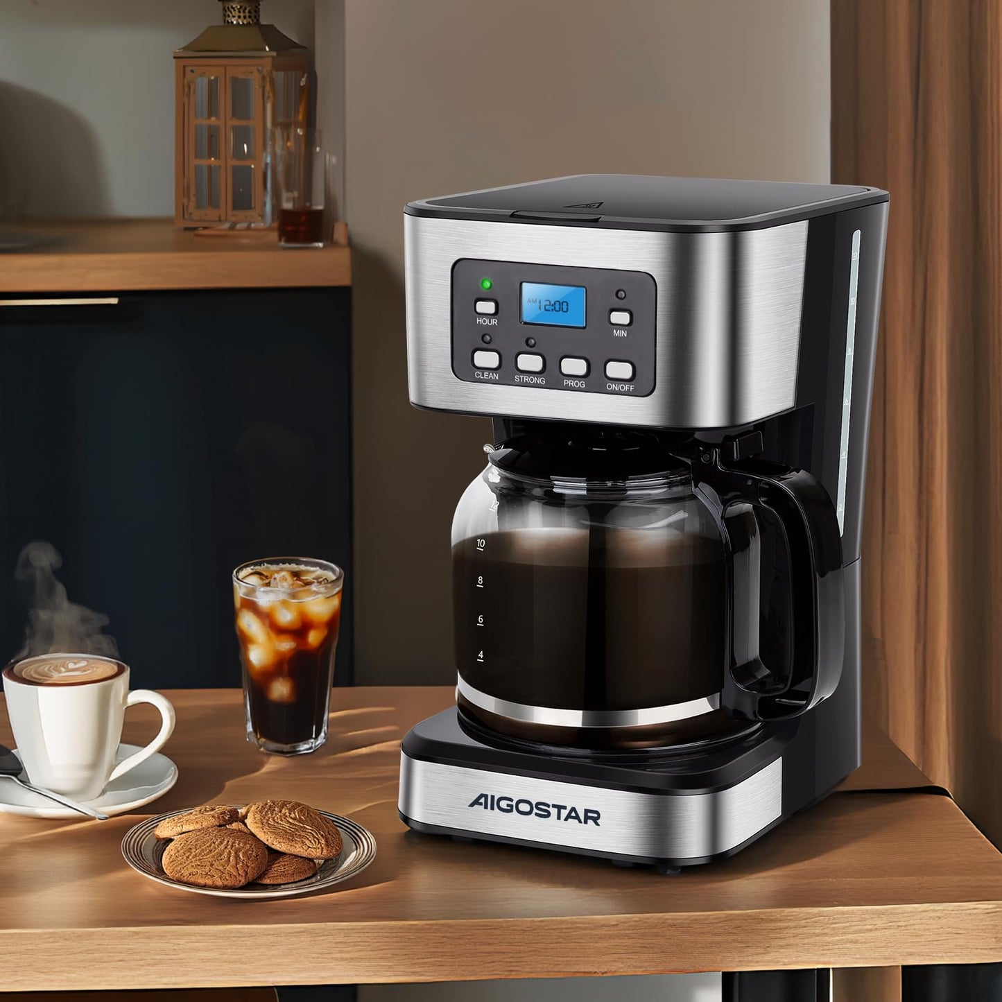 Aigostar Cafetera de goteo, Pantalla LCD, Filtro Reutilizable, Programable, Función Auto Limpieza (Descalcificación), Capacidad 1,8L(12 tazas), Función Mantener Caliente. Sin BPA