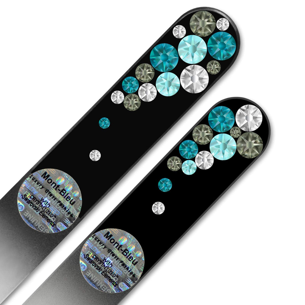 Juego de 2 limas de uñas de vidrio decoradas a mano con elementos Swarovski, en funda de terciopelo negro, vidrio templado checo auténtico, garantía de por vida, hecho a mano, Turquesa