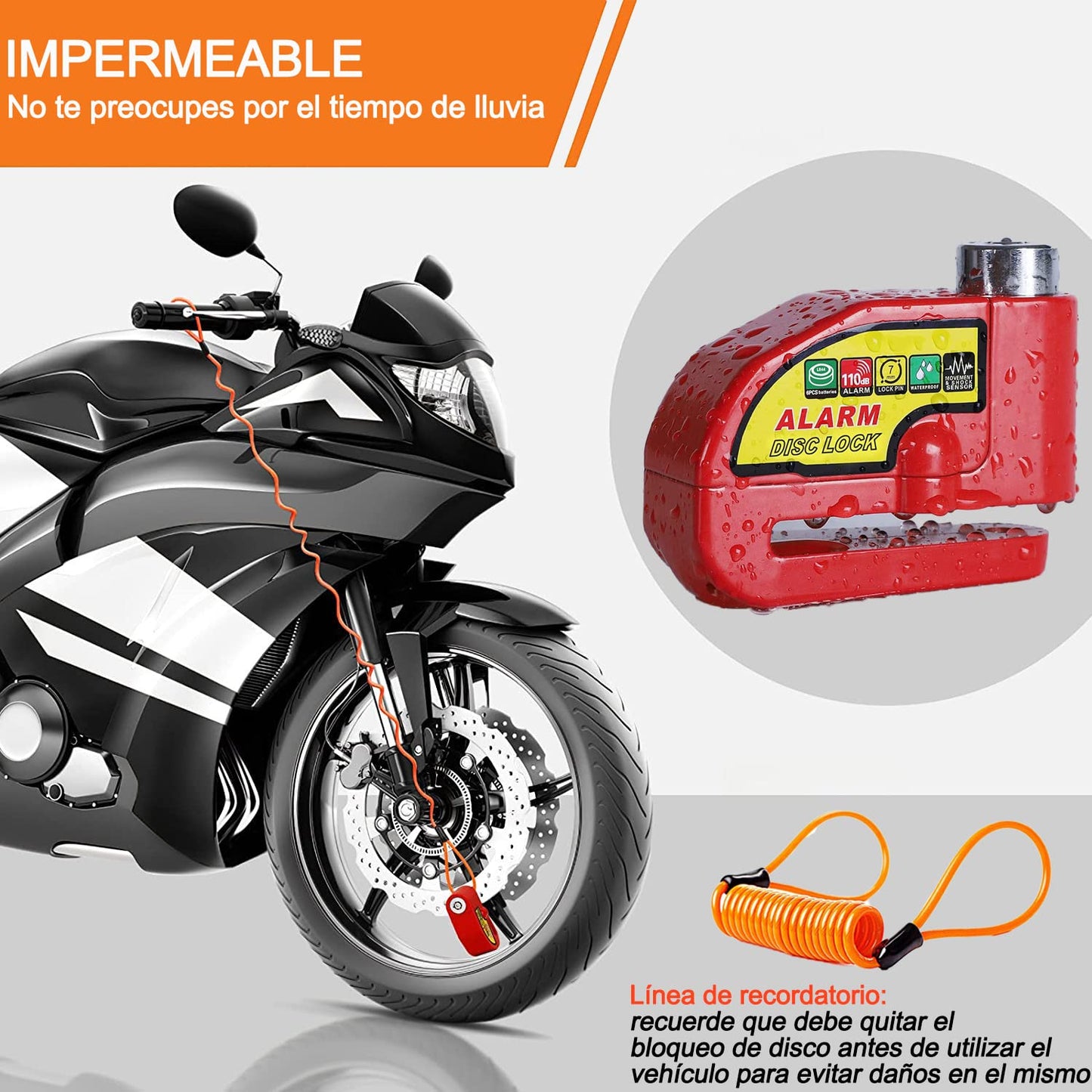 Alarma de Freno de Disco Impermeable de Seguridad para Motocicleta Scooter Rojo con Sonido de 110dB y Cable de Alerta de 4,3 Pies