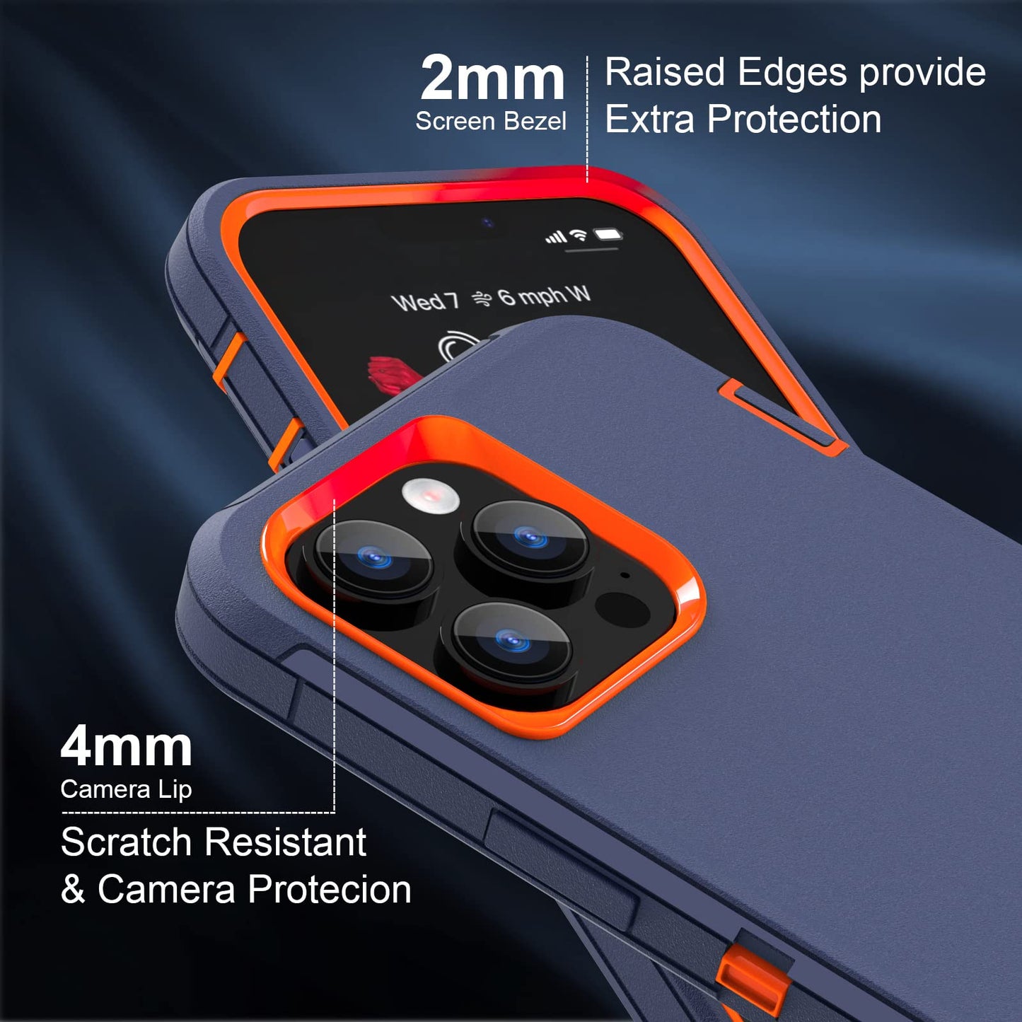 Sansunto - Funda compatible con iPhone 13 Pro Max, iPhone 12 Pro Max de 3 capas de cuerpo completo, armadura híbrida, resistente, duradera, resistente para hombres y mujeres. (Azul marino/naranja)
