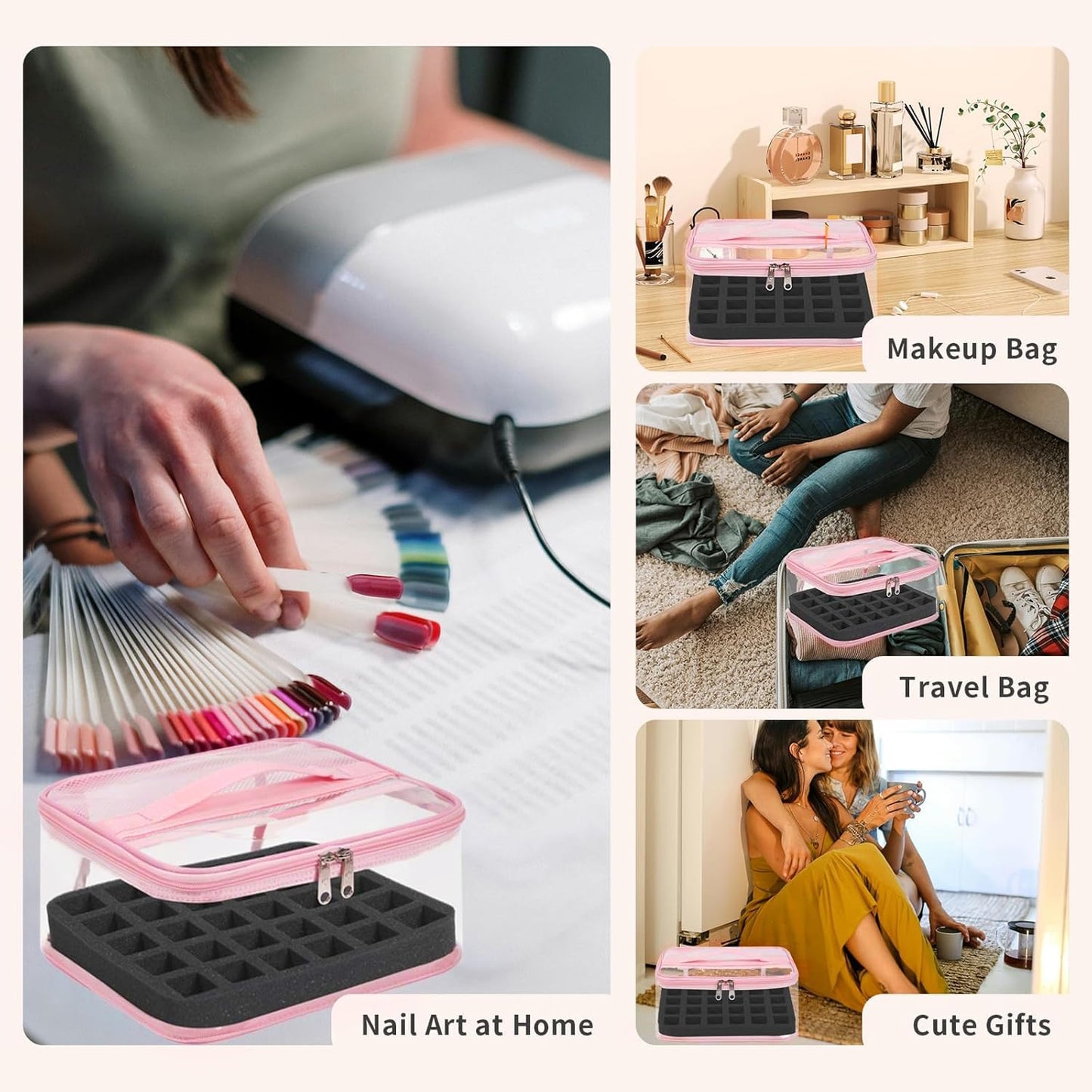 Beloving - Organizador de esmalte de uñas transparente con capacidad para 30 botellas, estuche de esmalte de uñas de PVC, suministros de uñas transparentes con herramientas de manicura, secciones de