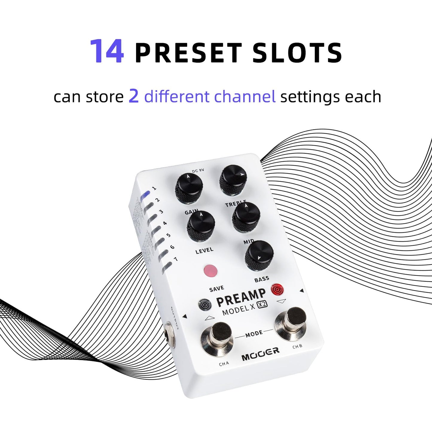 Pedal de Preamplificador MOOER Preamp Model X Negro con Doble Canal y 14 Ranuras Preestablecidas para Hombre