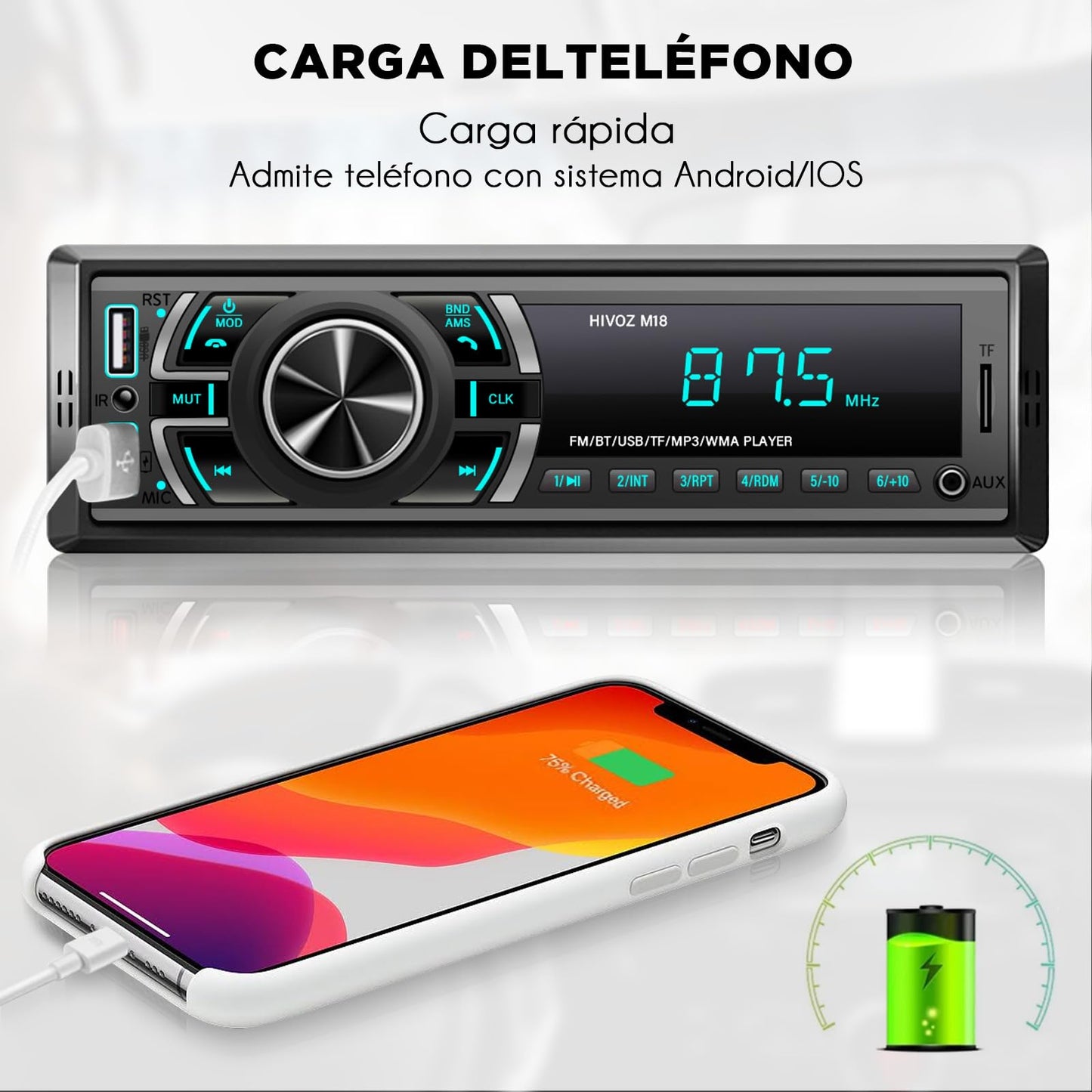 HIMICAR Estereo para Automovil MP3, Autoestéreo Bluetooth Llamada Manos Libres, Control por Voz, Dual USB, Bluetooth, FM, AUX, TF, Disco U, Micrófono Incorporado + Controles del Volante