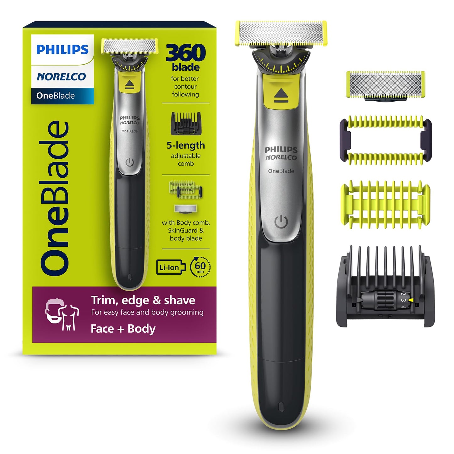 Philips Norelco OneBlade 360 Face + Body Hybrid Cortadora y afeitadora eléctrica QP2834/70