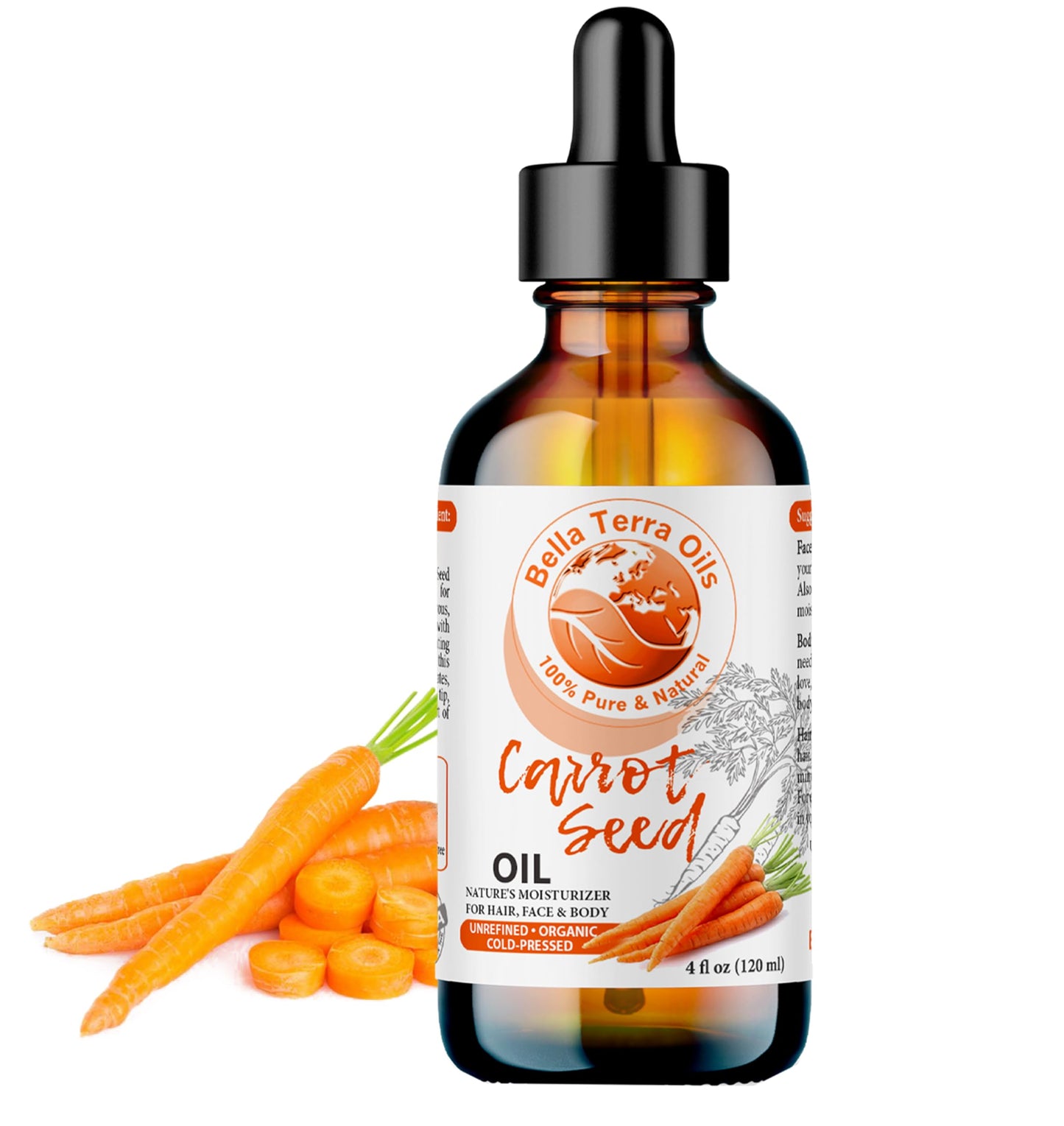 NEW Carrot Seed Oil. 4oz. Cold-pressed. Unrefined. Organic. 100% Pure. Daucus Carota. Hexane-free. Rejuvenates Skin and Softens Hair. Natural Moisturizer. For Hair, Face, Body, Nails, Stretch Marks.