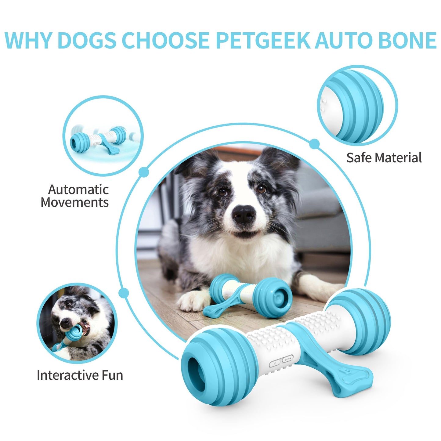 PETGEEK Juguetes interactivos para perros, juguetes automáticos para mantenerlos ocupados, huesos electrónicos para perros con material seguro y duradero, equipados con USB recargable (azul)